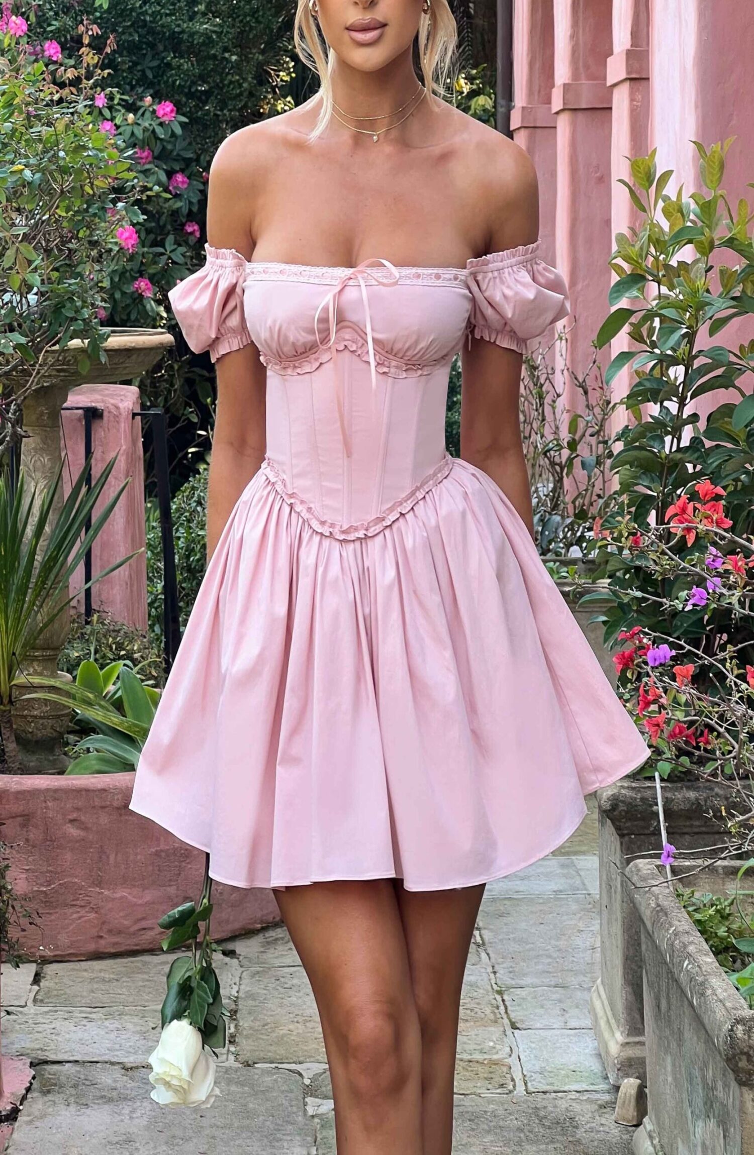 Penelope Blush Milkmaid Puffed Sleeve Mini Dress