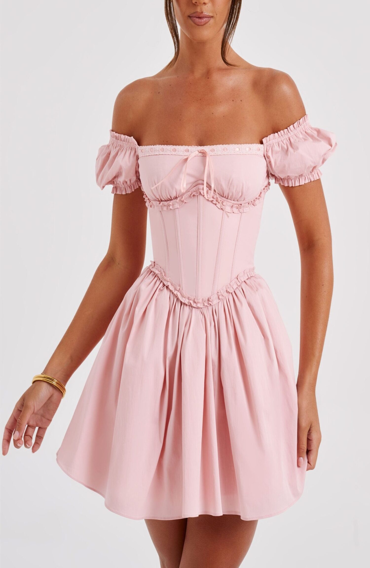 Penelope Blush Milkmaid Puffed Sleeve Mini Dress - Image 3
