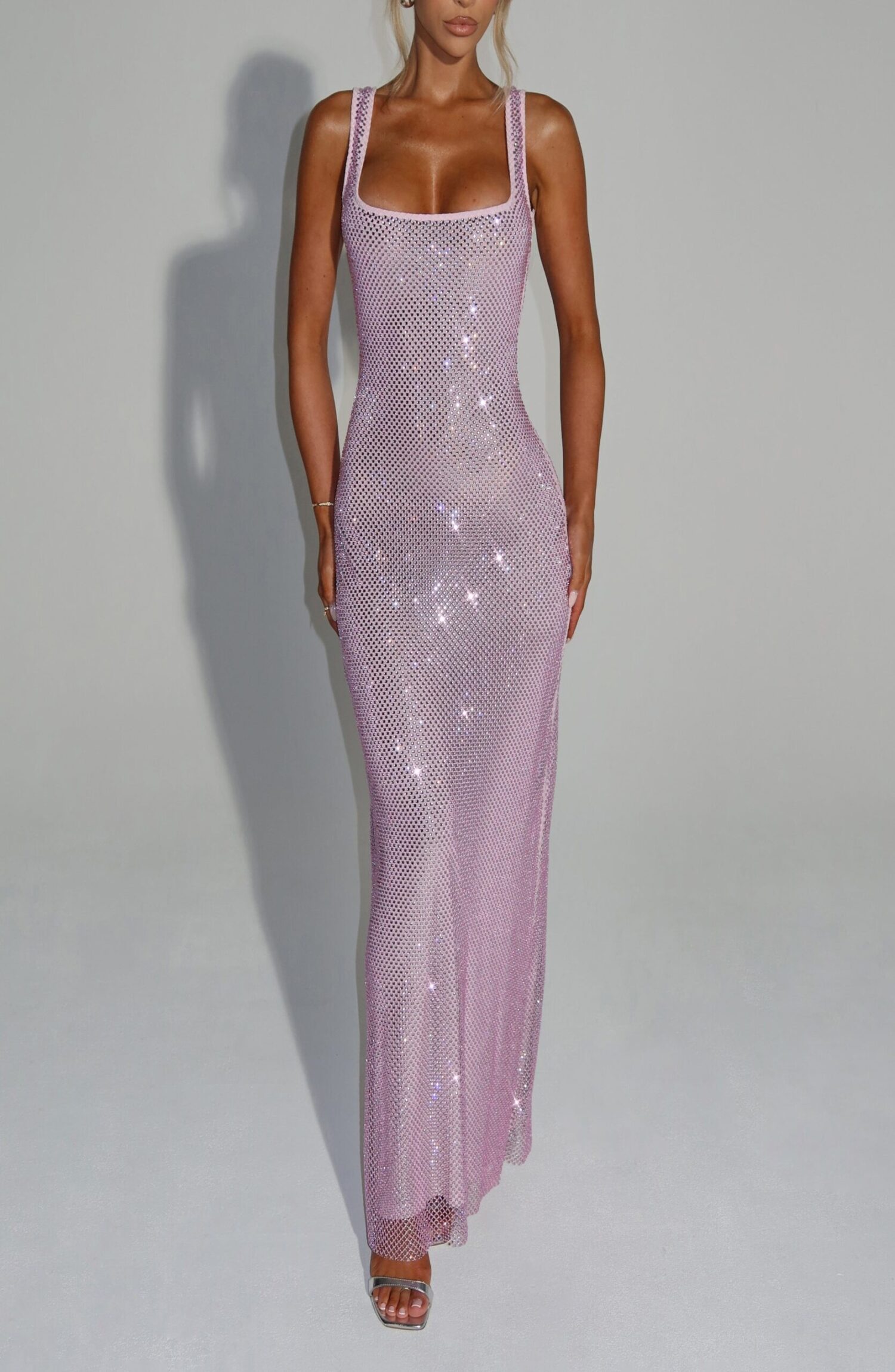 Pink Rhinestone Maxi Dress - Stretch Net Bodycon Square Neck