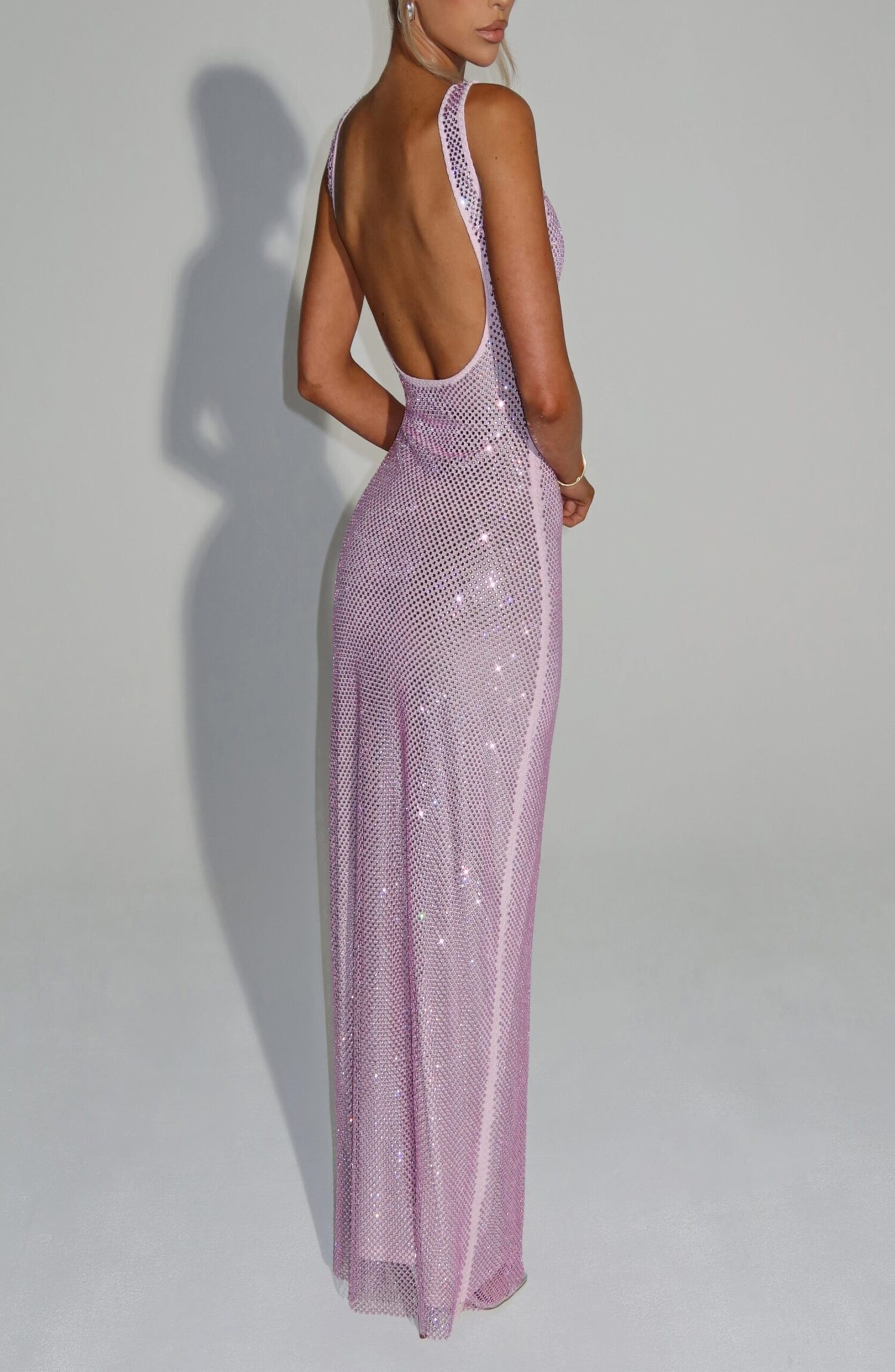 Pink Rhinestone Maxi Dress - Stretch Net Bodycon Square Neck - Image 6
