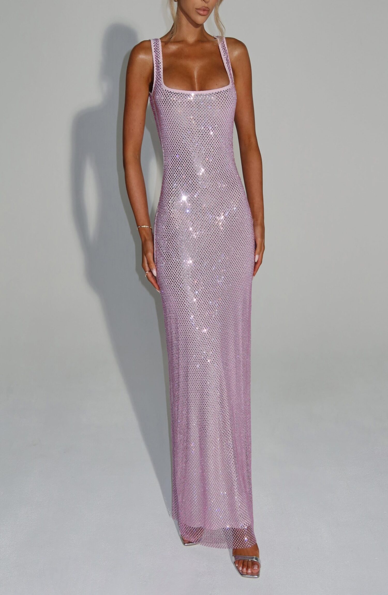Pink Rhinestone Maxi Dress - Stretch Net Bodycon Square Neck - Image 5