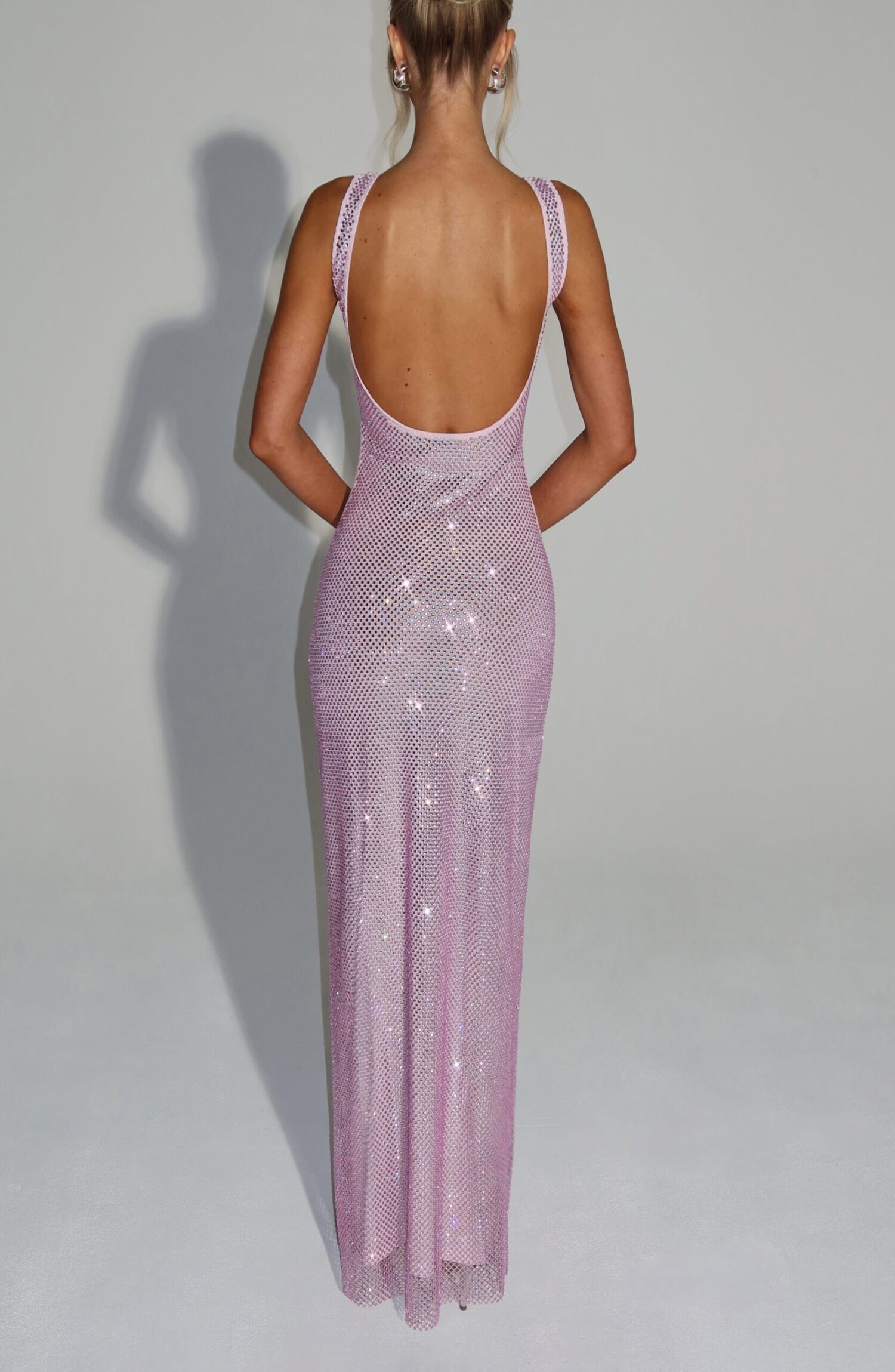 Pink Rhinestone Maxi Dress - Stretch Net Bodycon Square Neck - Image 2