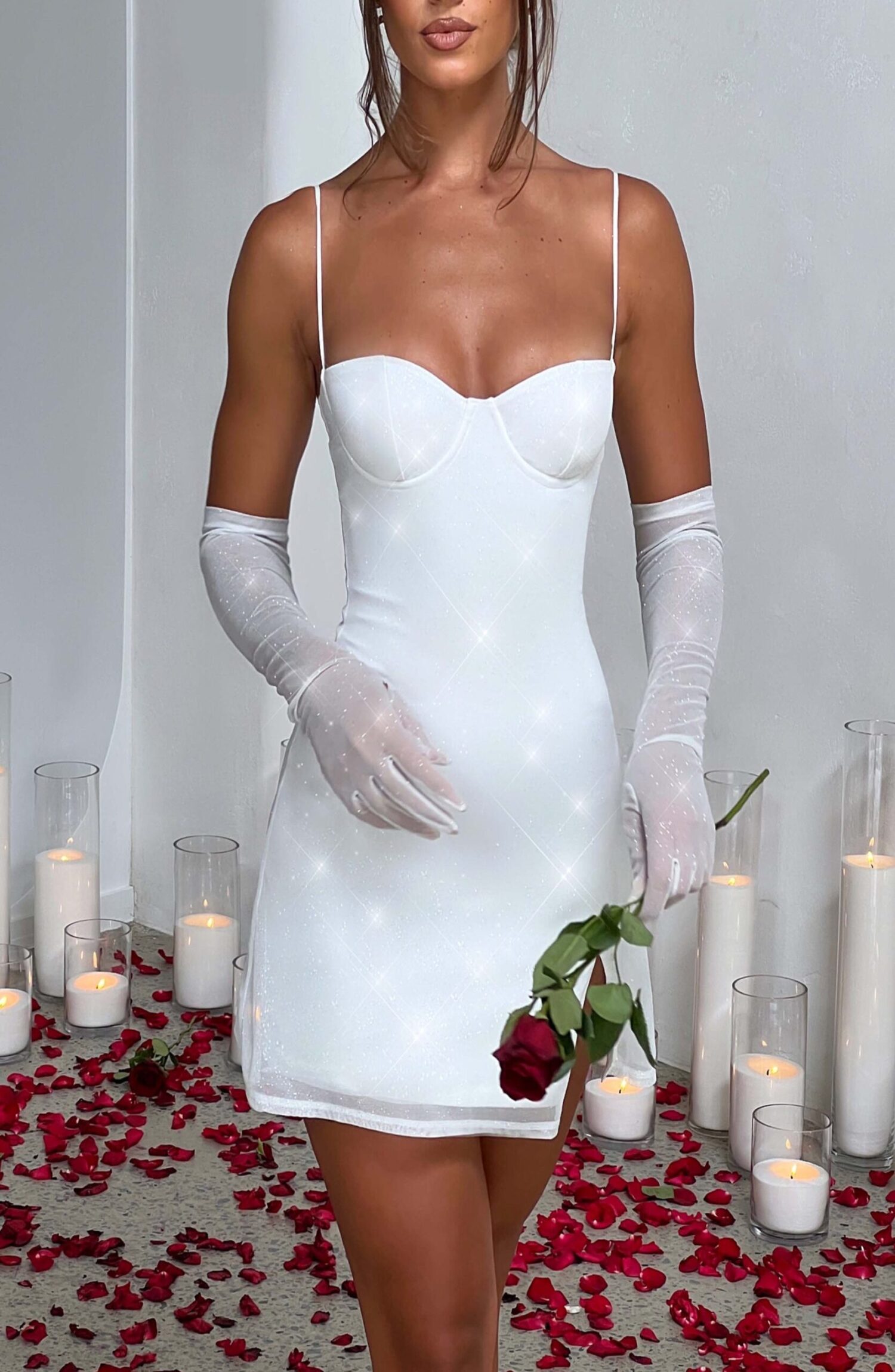 Pixie Mini Dress Ivory Sparkle Mesh Underwired Bodycon Split - Image 7