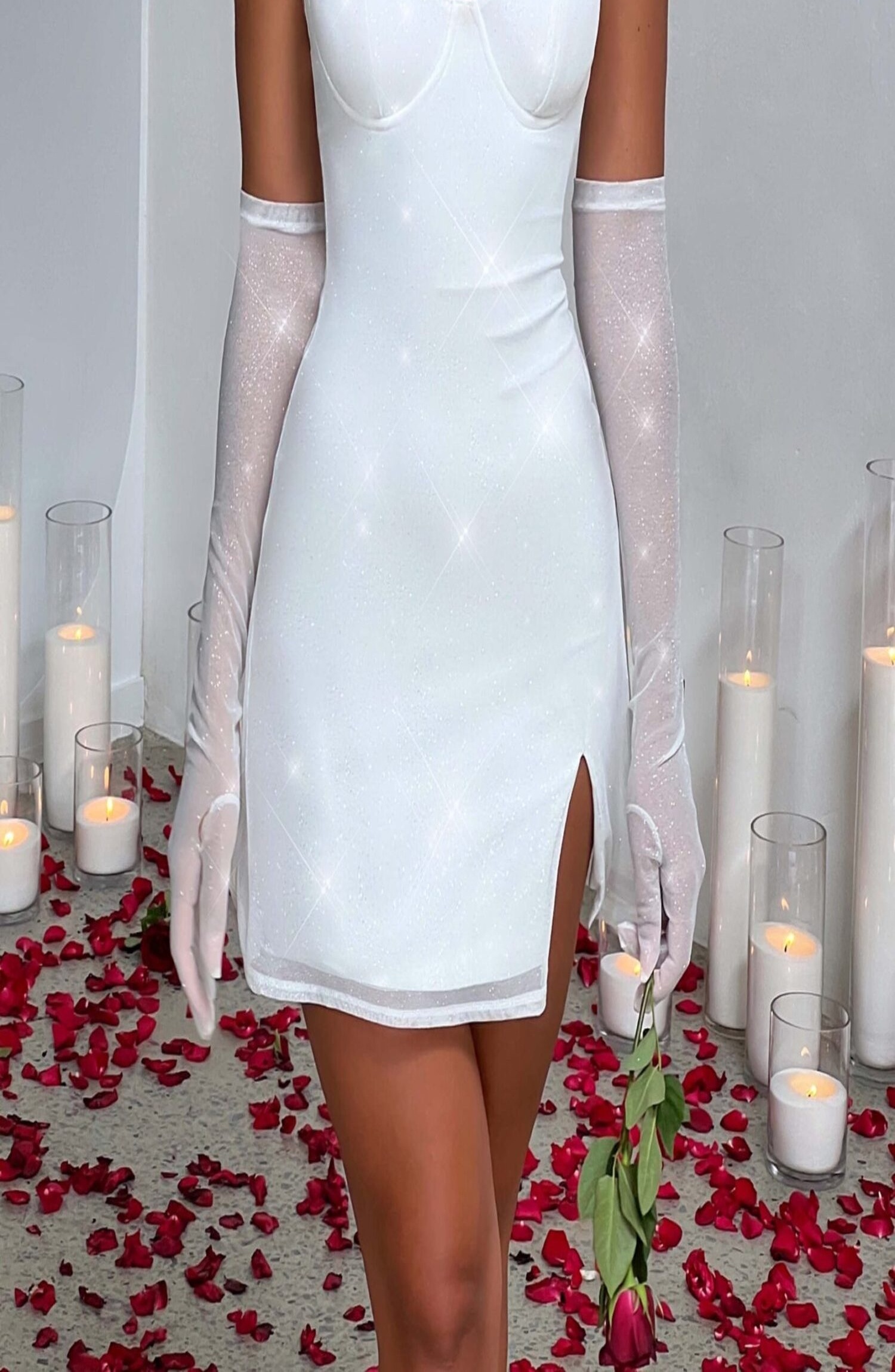 Pixie Mini Dress Ivory Sparkle Mesh Underwired Bodycon Split - Image 6