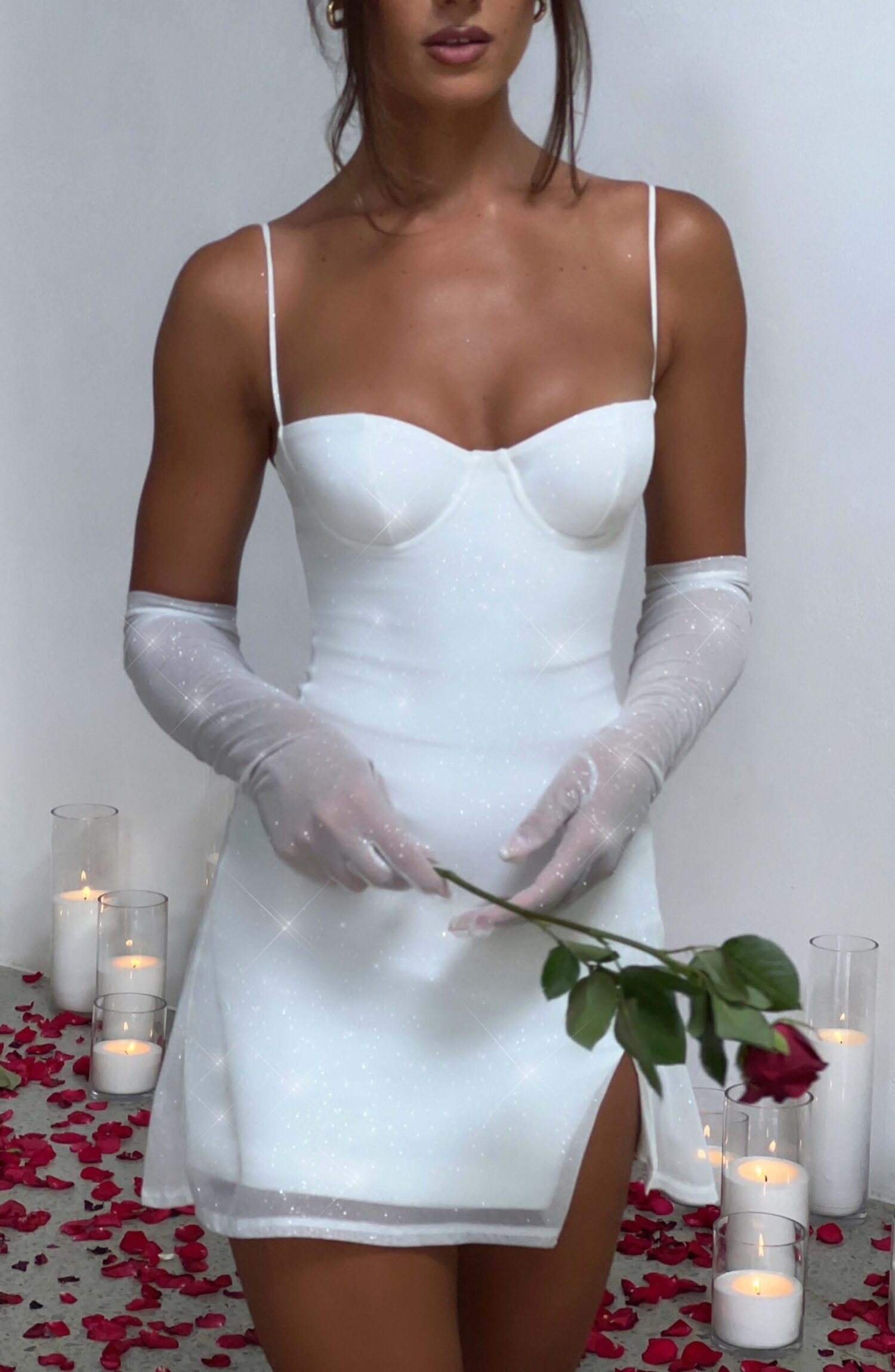 Pixie Mini Dress Ivory Sparkle Mesh Underwired Bodycon Split