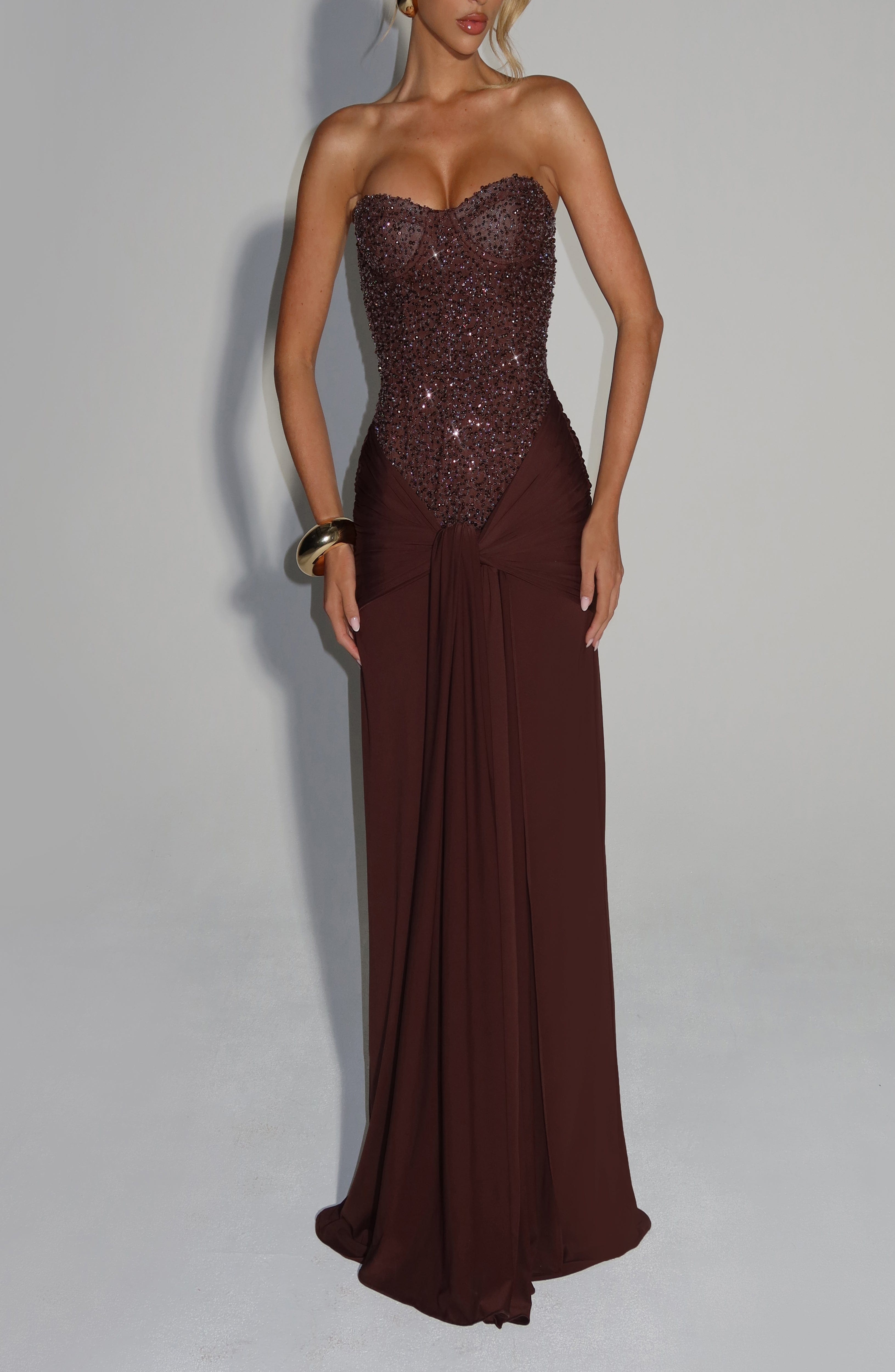 Plum Brown Embellished Maxi Dress - Slinky Jersey Strapless