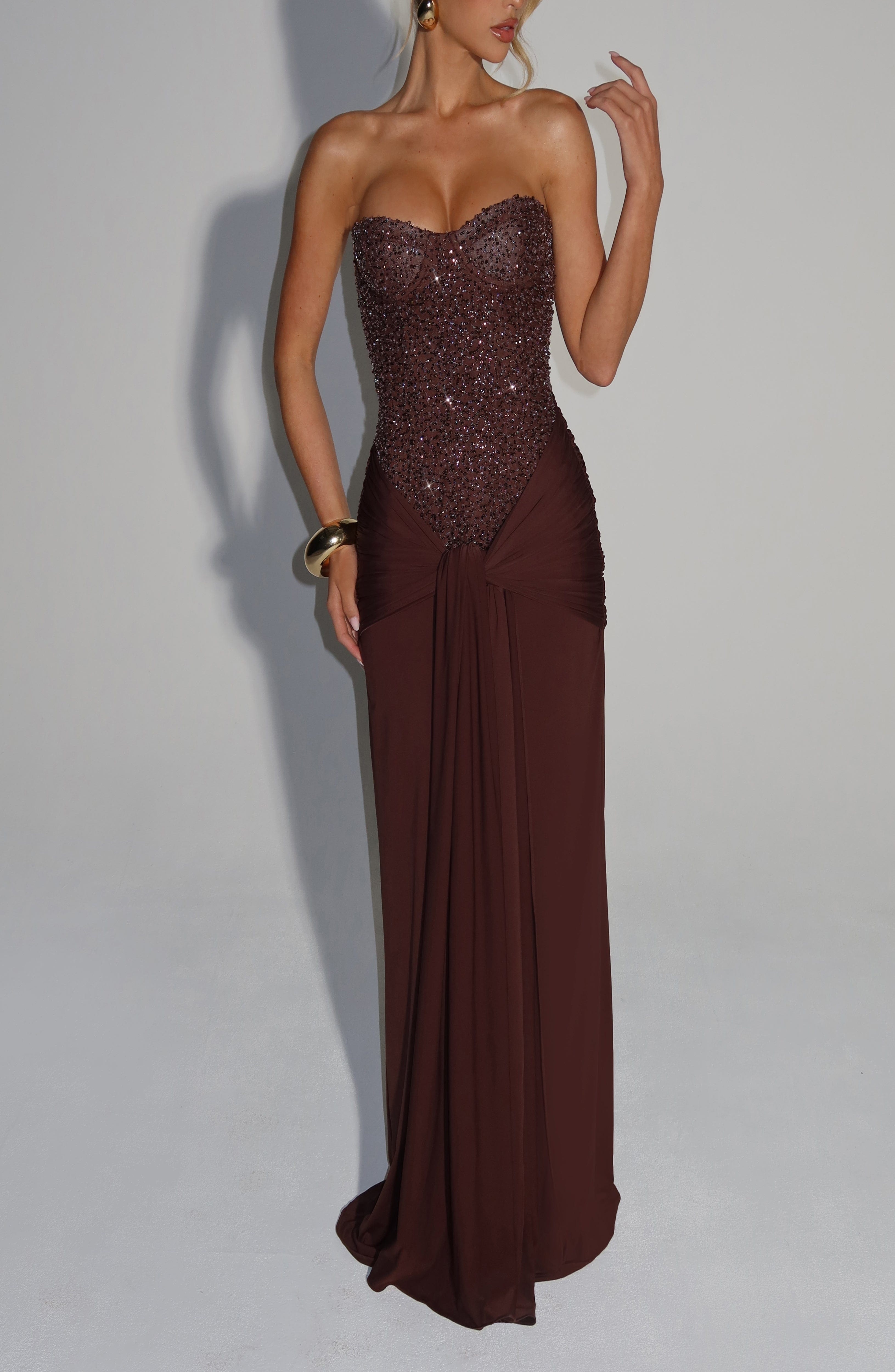 Plum Brown Embellished Maxi Dress - Slinky Jersey Strapless - Image 3