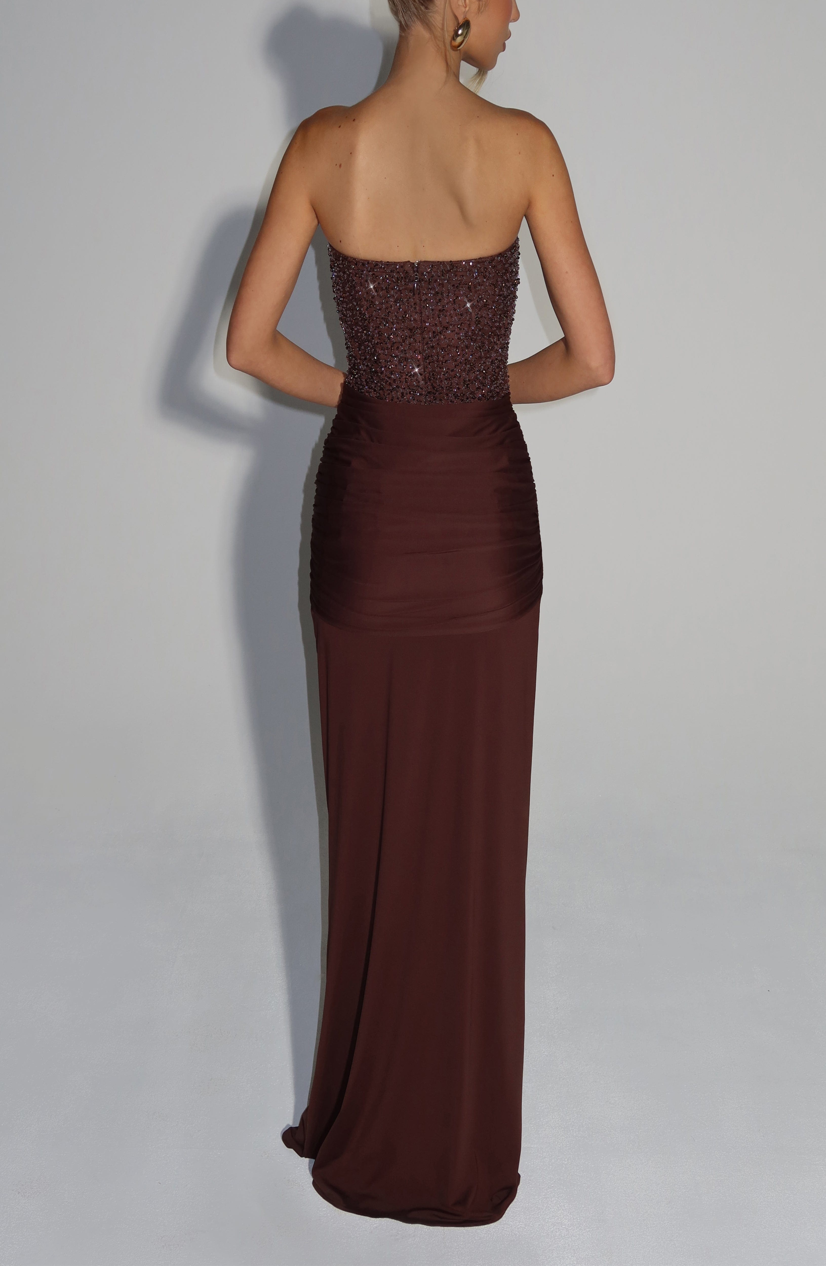 Plum Brown Embellished Maxi Dress - Slinky Jersey Strapless - Image 2