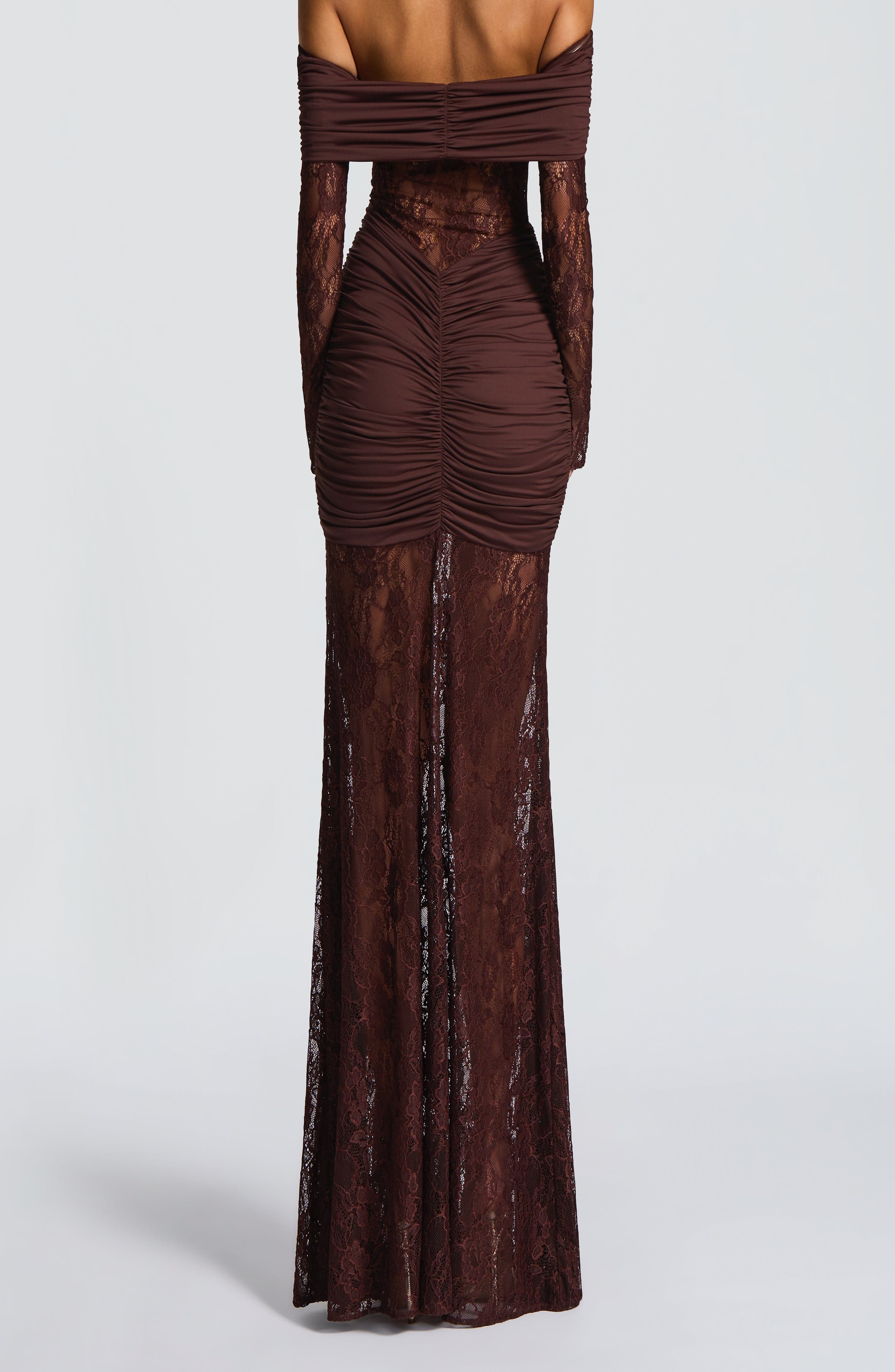 Plum Brown Floral Lace Maxi Dress - Ruched Jersey & Sheer Sleeves - Image 2