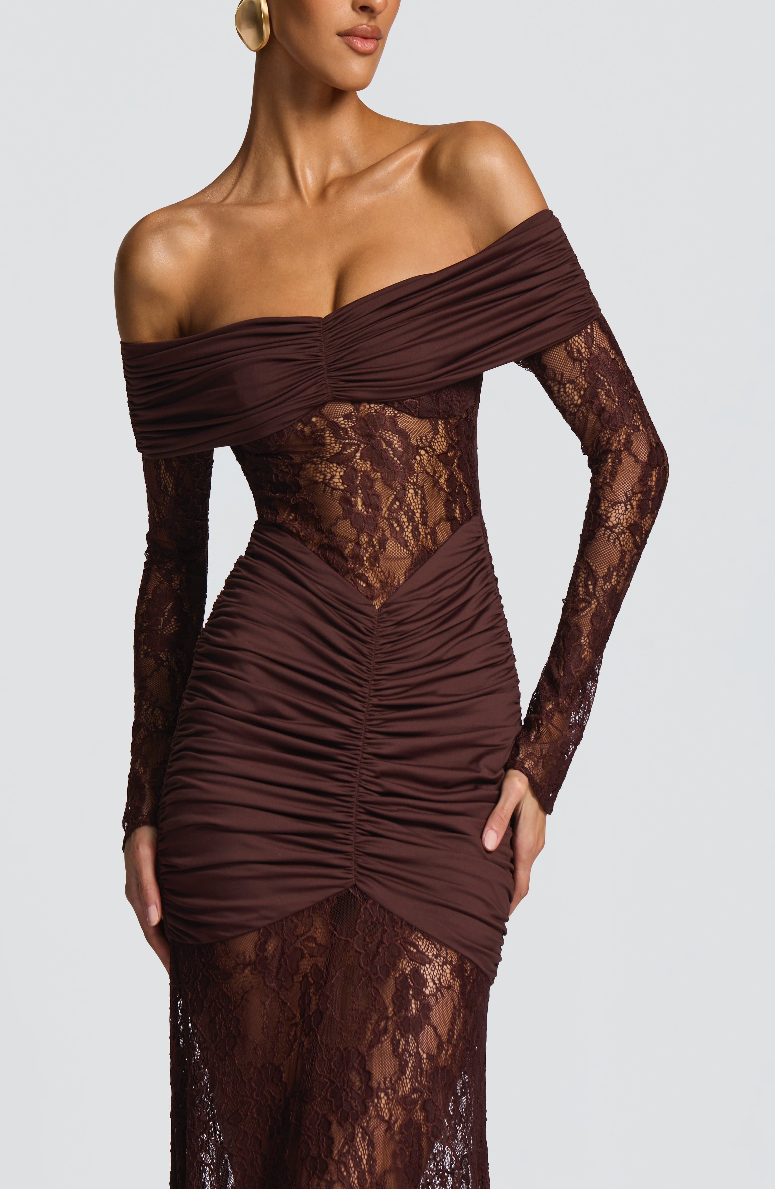 Plum Brown Floral Lace Maxi Dress - Ruched Jersey & Sheer Sleeves - Image 5