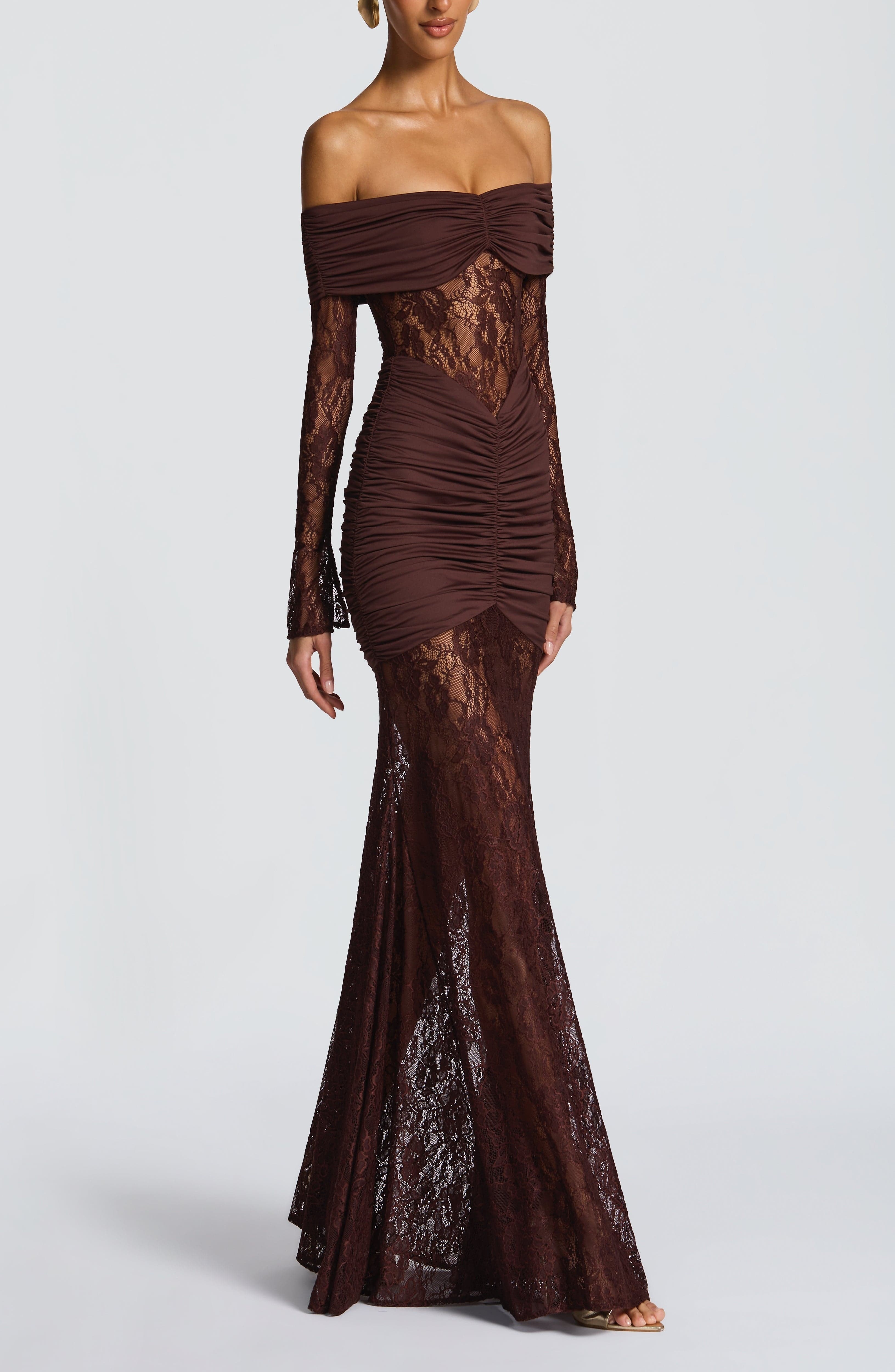Plum Brown Floral Lace Maxi Dress - Ruched Jersey & Sheer Sleeves - Image 3