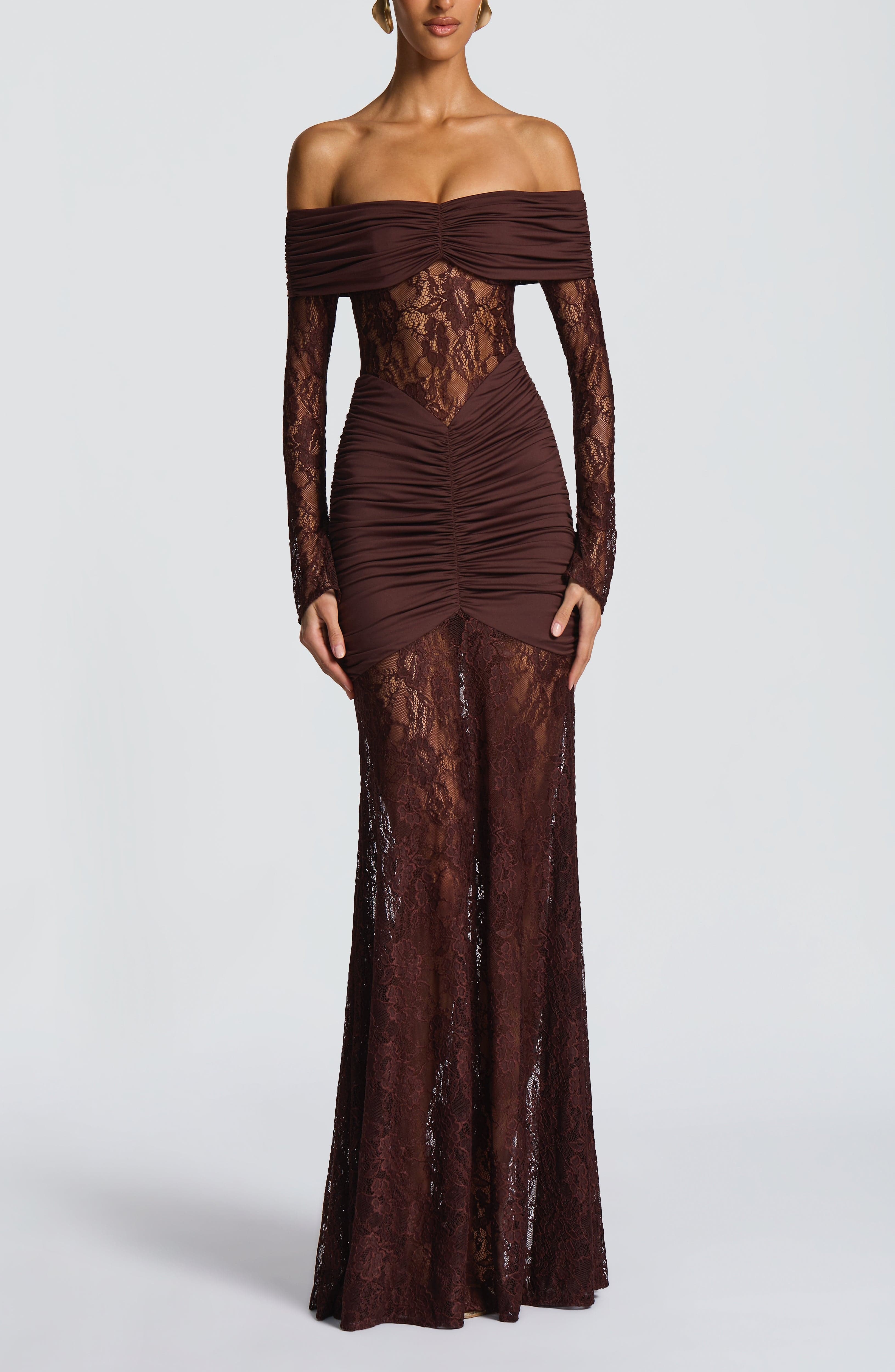 Plum Brown Floral Lace Maxi Dress - Ruched Jersey & Sheer Sleeves
