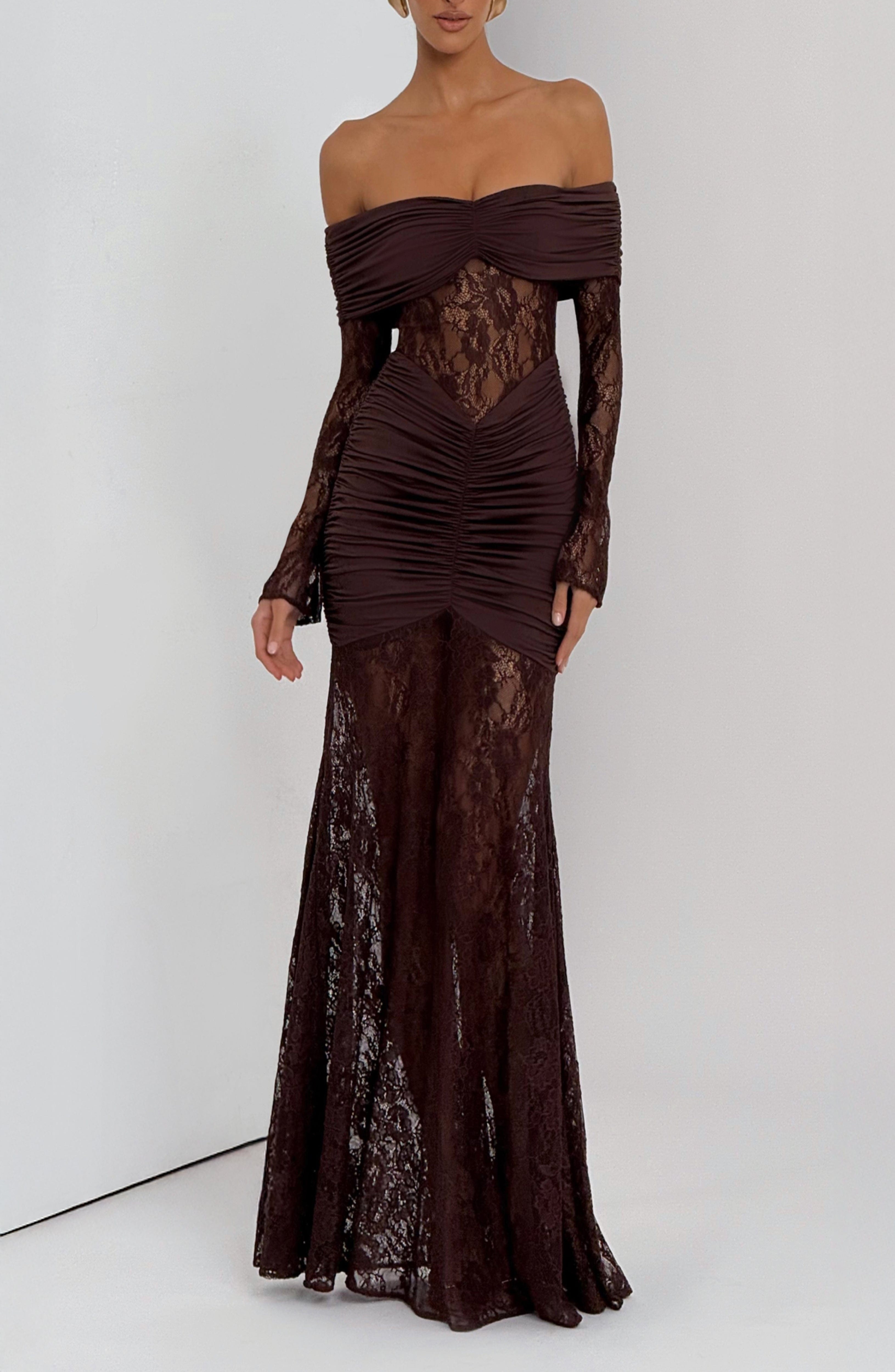 Plum Brown Floral Lace Maxi Dress - Ruched Jersey & Sheer Sleeves - Image 7