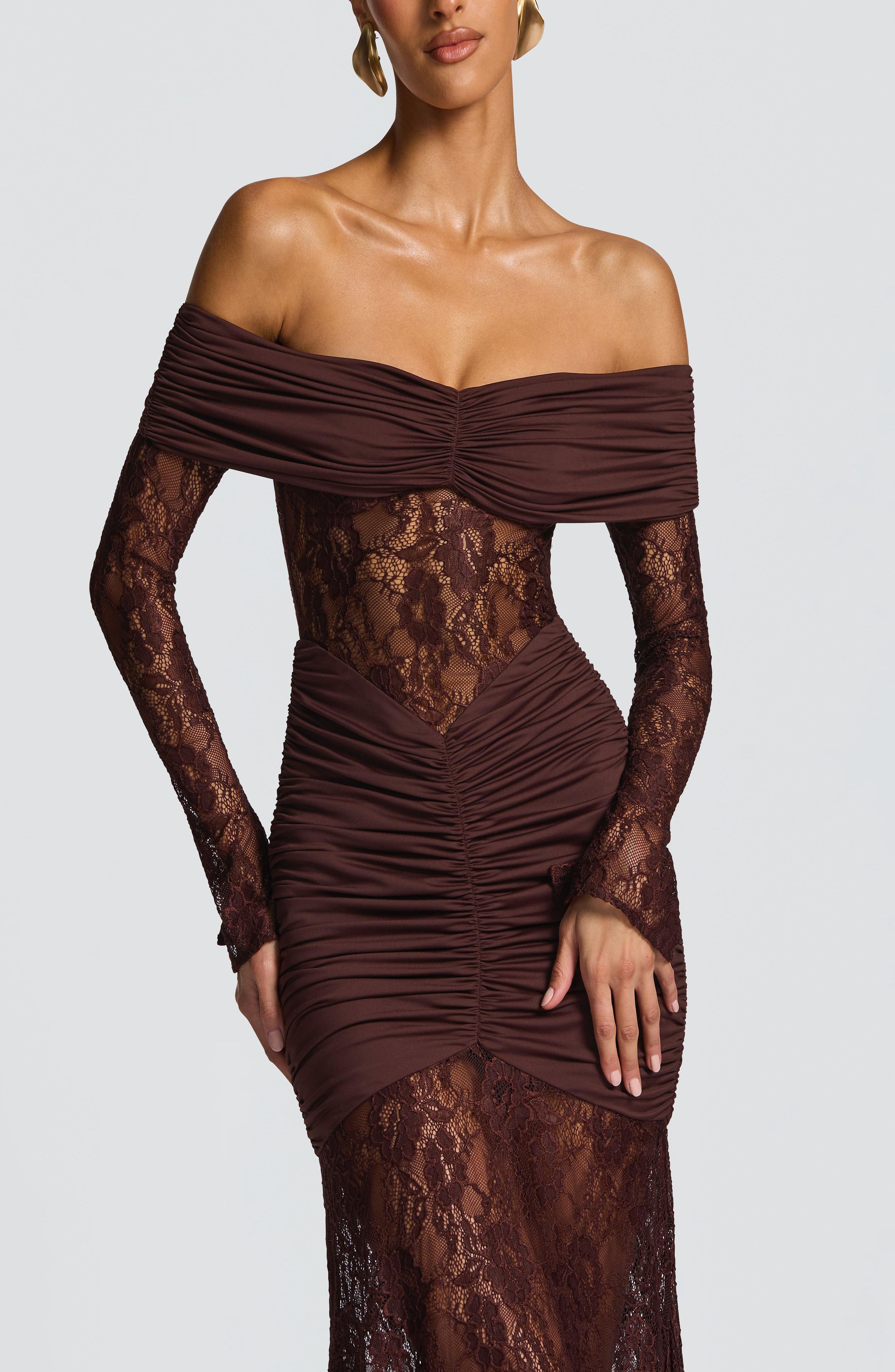 Plum Brown Floral Lace Maxi Dress - Ruched Jersey & Sheer Sleeves - Image 8