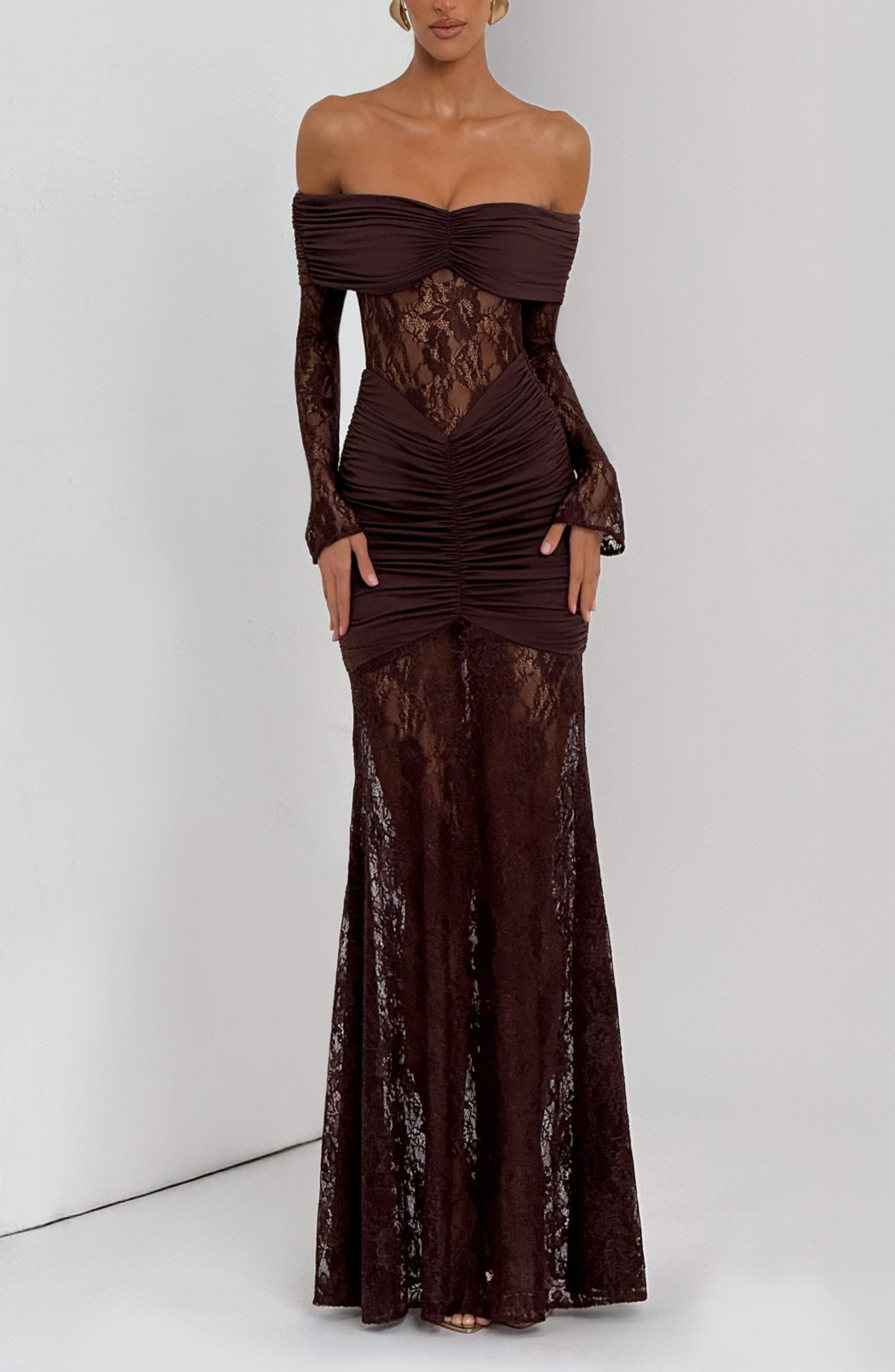 Plum Brown Floral Lace Maxi Dress - Ruched Jersey & Sheer Sleeves - Image 6