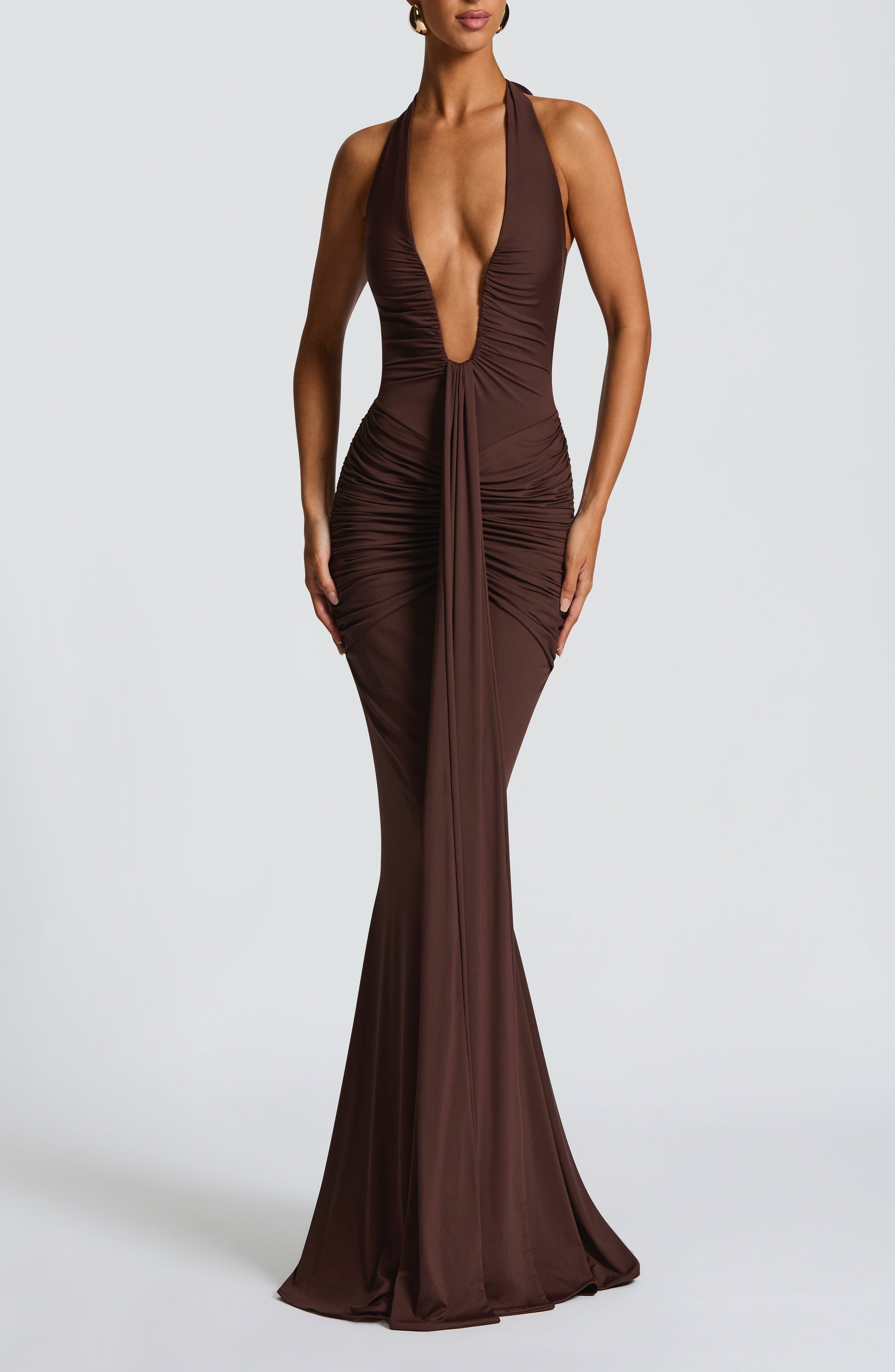 Plum Brown Halterneck Maxi Dress with Train - Image 2
