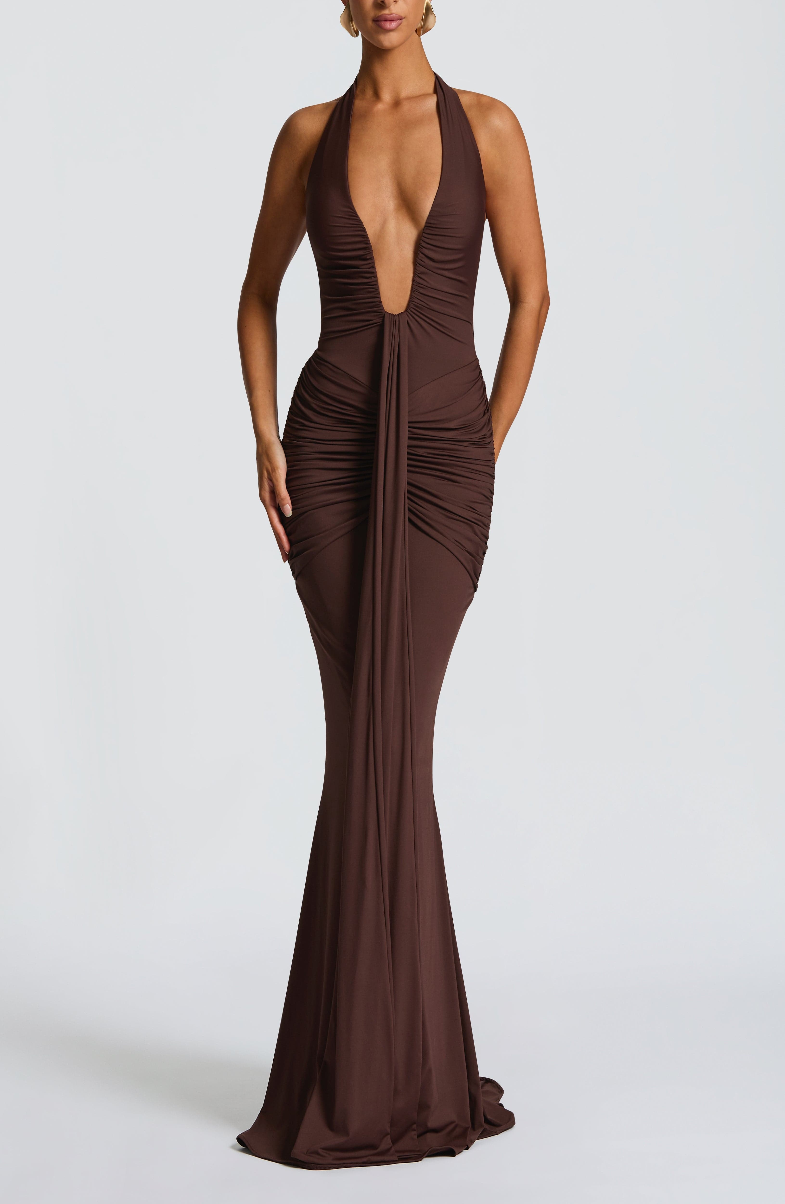 Plum Brown Halterneck Maxi Dress with Train - Image 13