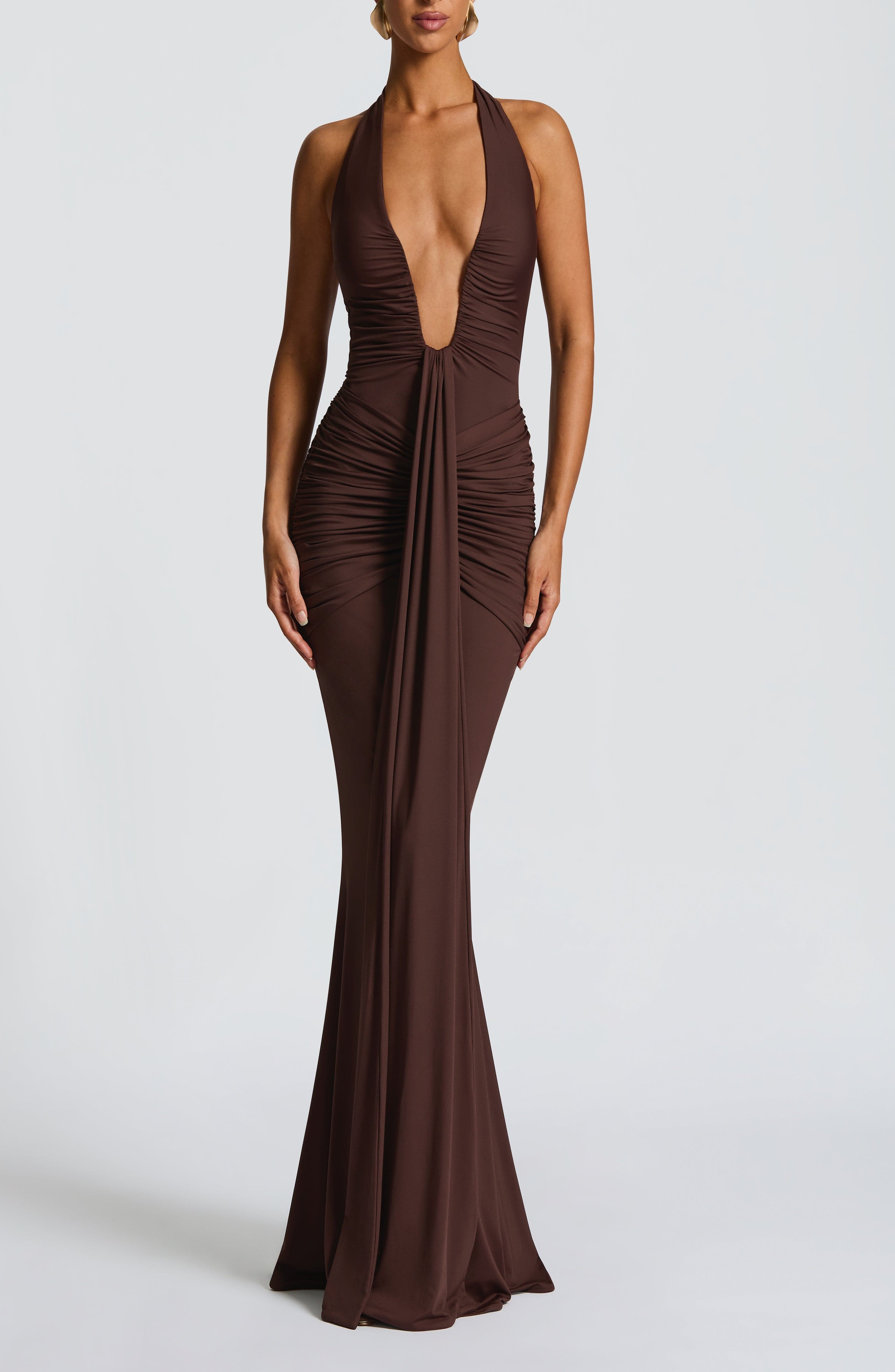 Plum Brown Halterneck Maxi Dress with Train - Image 12