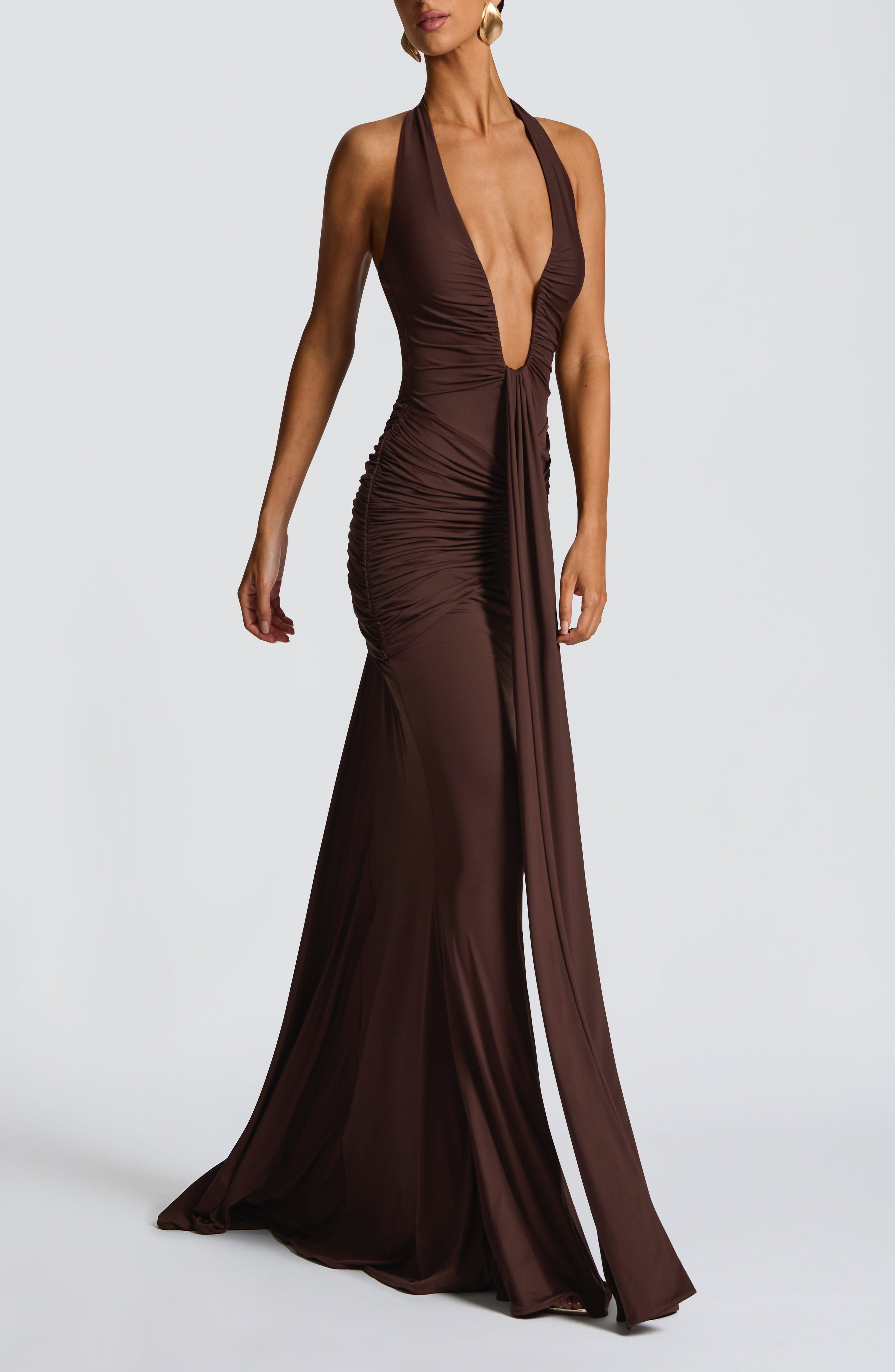Plum Brown Halterneck Maxi Dress with Train - Image 3