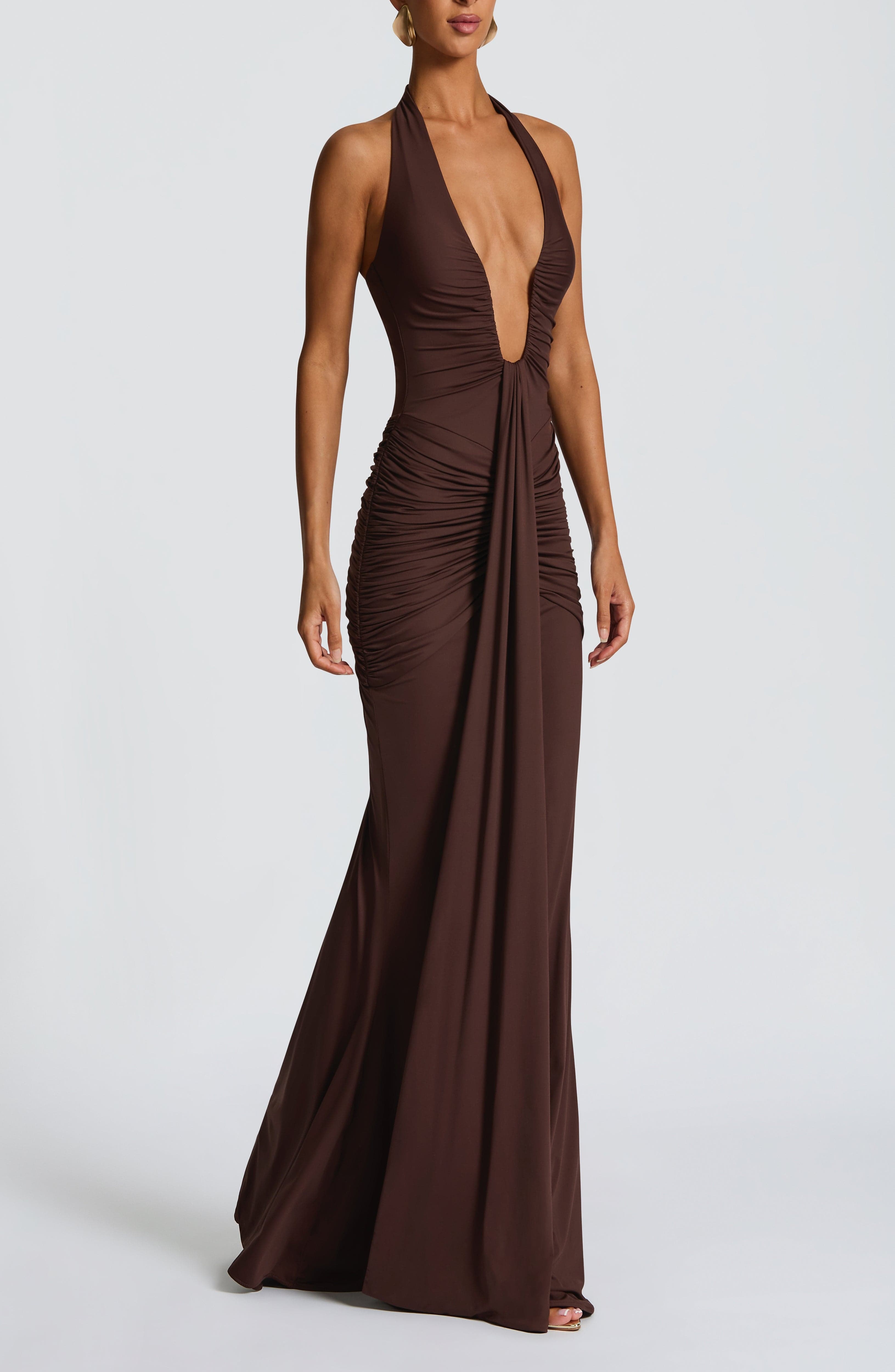 Plum Brown Halterneck Maxi Dress with Train - Image 10