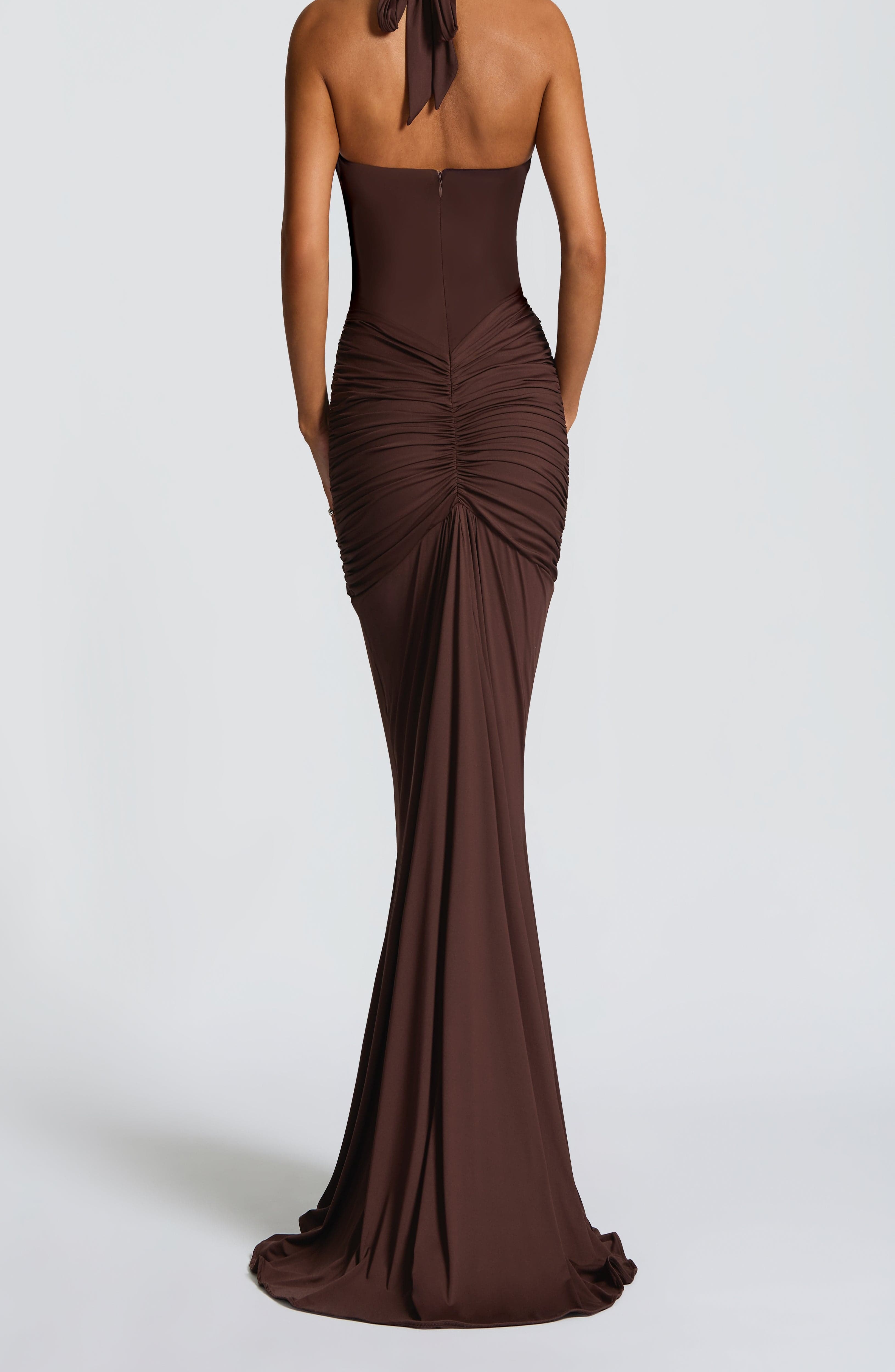 Plum Brown Halterneck Maxi Dress with Train - Image 4