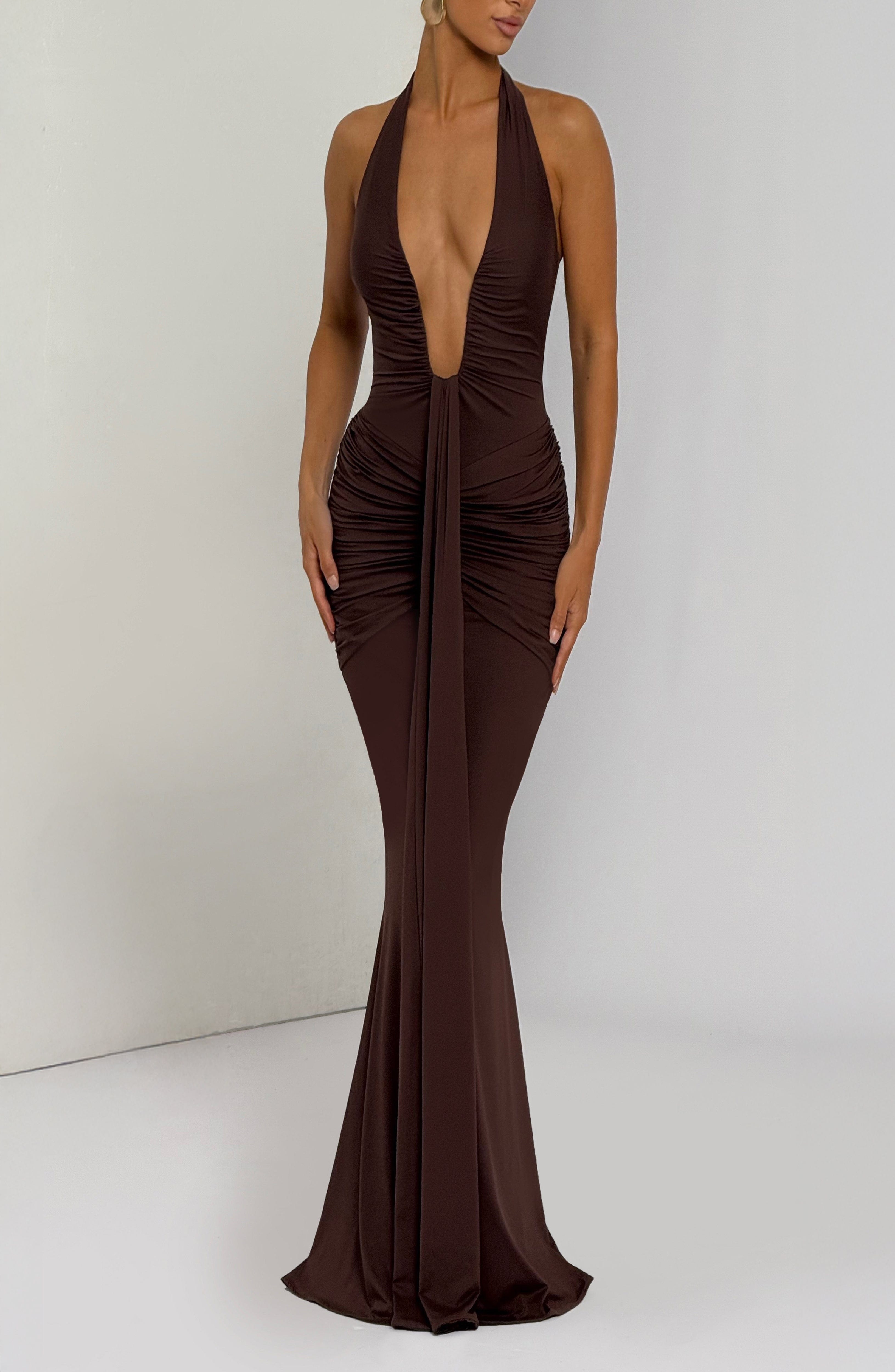 Plum Brown Halterneck Maxi Dress with Train - Image 7