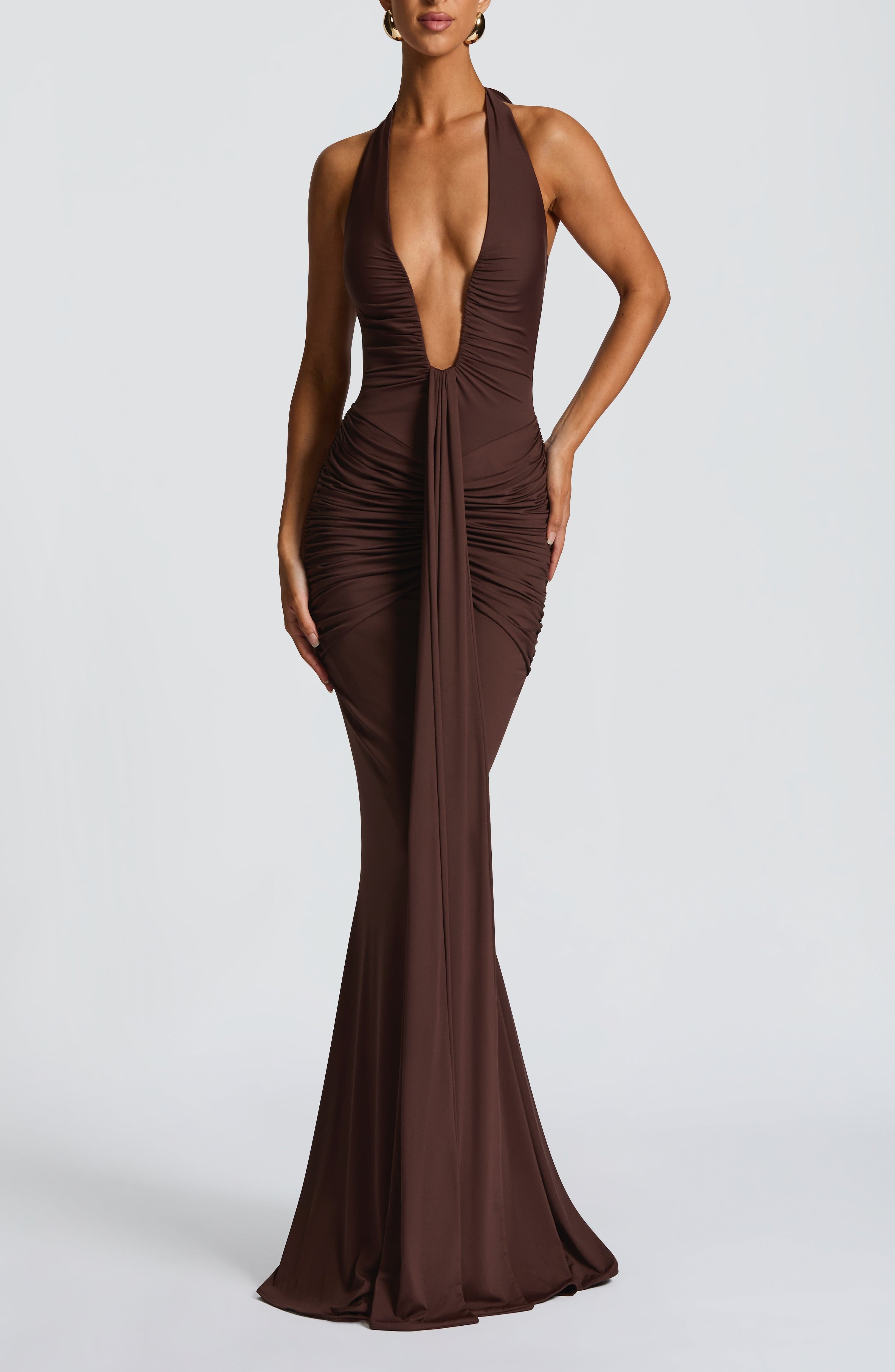 Plum Brown Halterneck Maxi Dress with Train - Image 11