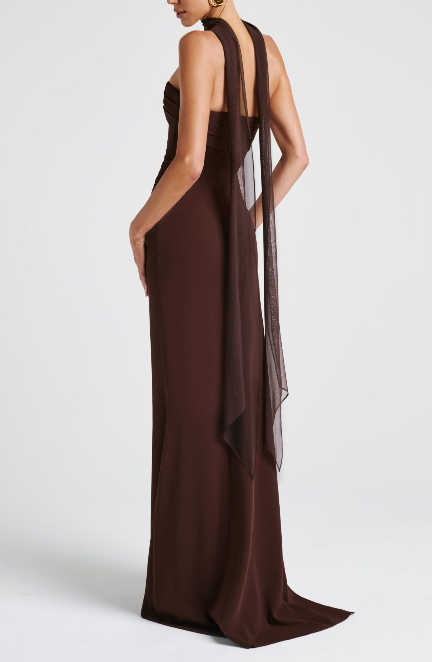 Plum Brown Maxi Dress: Strapless Stretch Crepe Gown with Thigh Split - Image 5