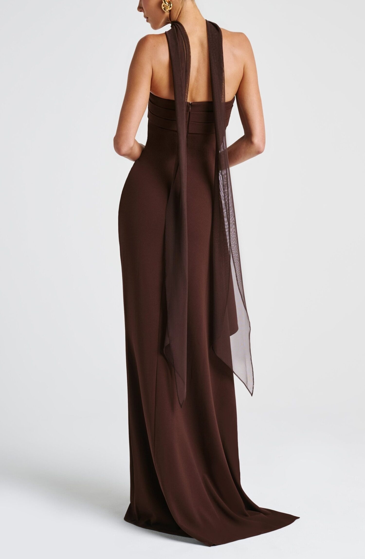 Plum Brown Maxi Dress: Strapless Stretch Crepe Gown with Thigh Split - Image 4