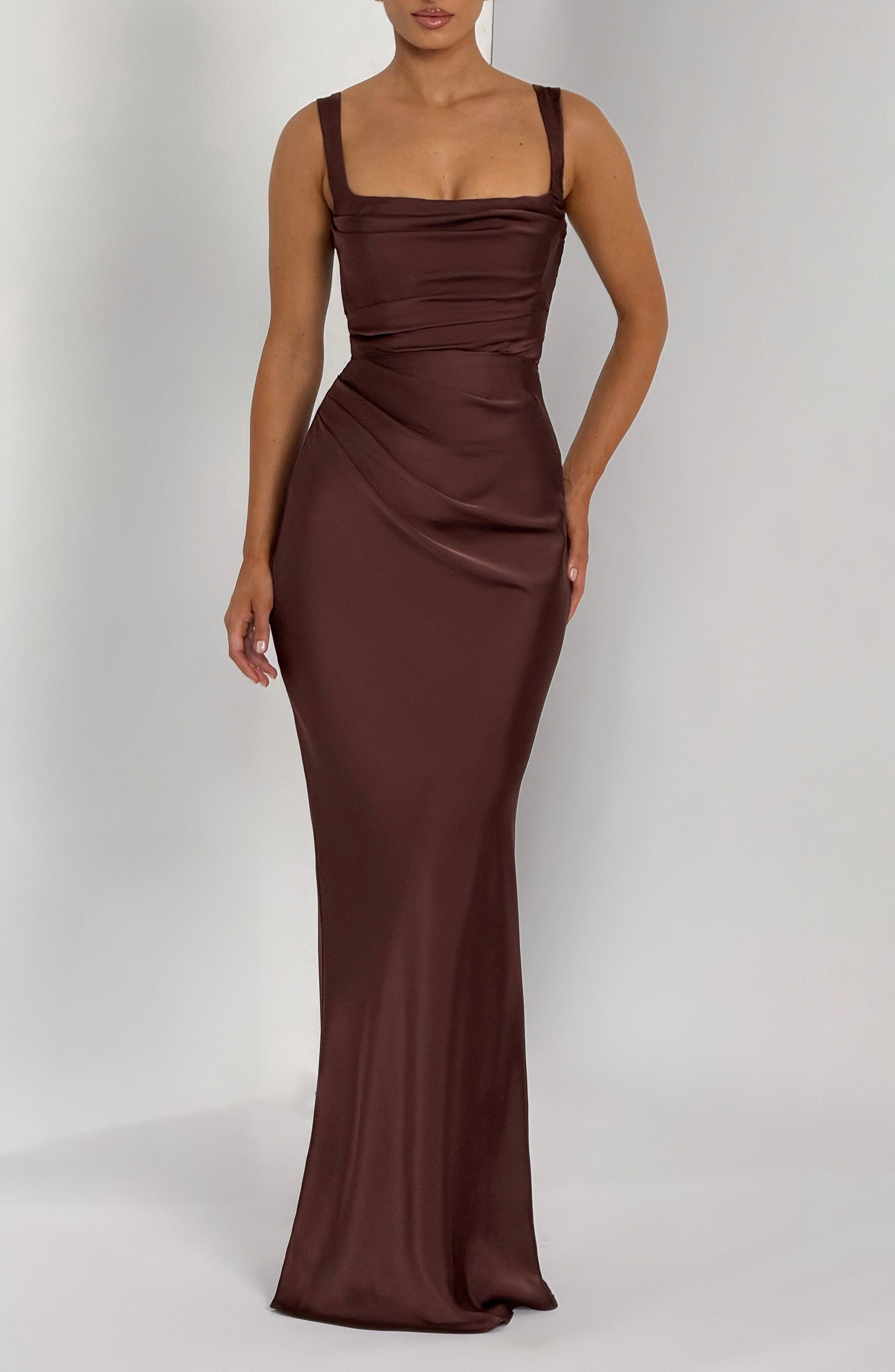 Plum Brown Satin Maxi Dress with Square Neckline & Lace-Up Back - Image 2