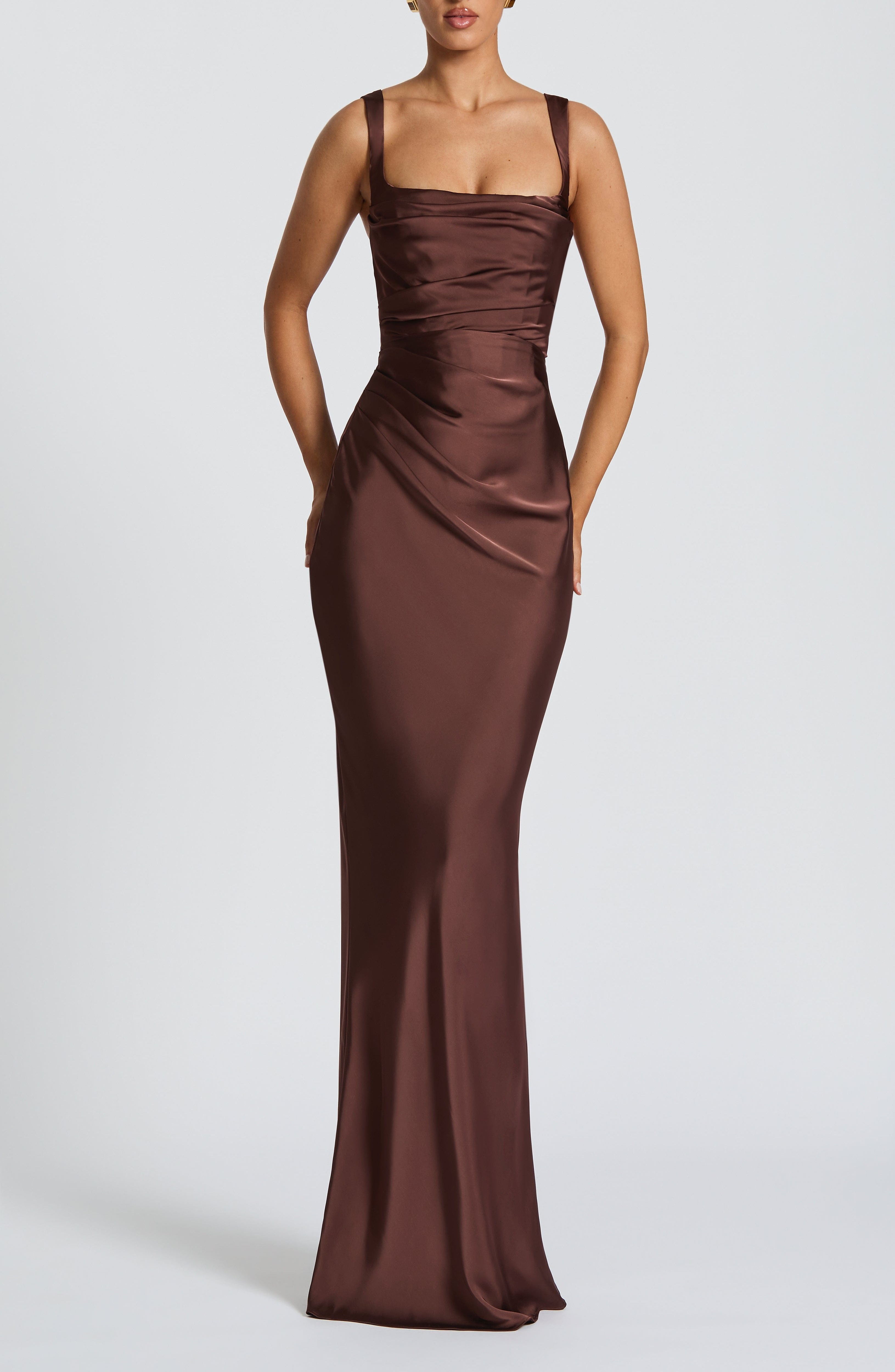 Plum Brown Satin Maxi Dress with Square Neckline & Lace-Up Back