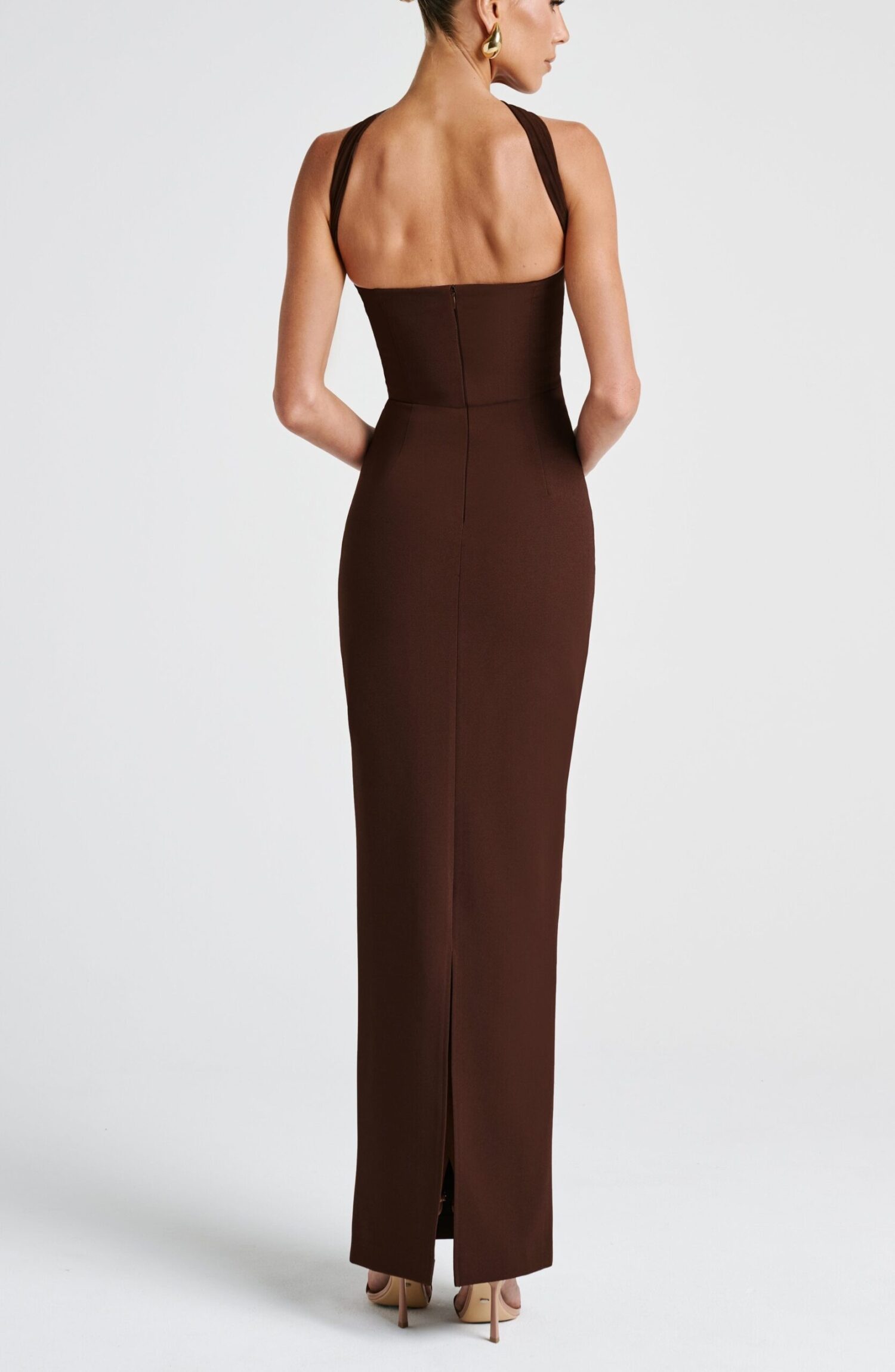 Plum Brown Strapless Maxi Dress with Mesh Scarf & Halter - Image 6