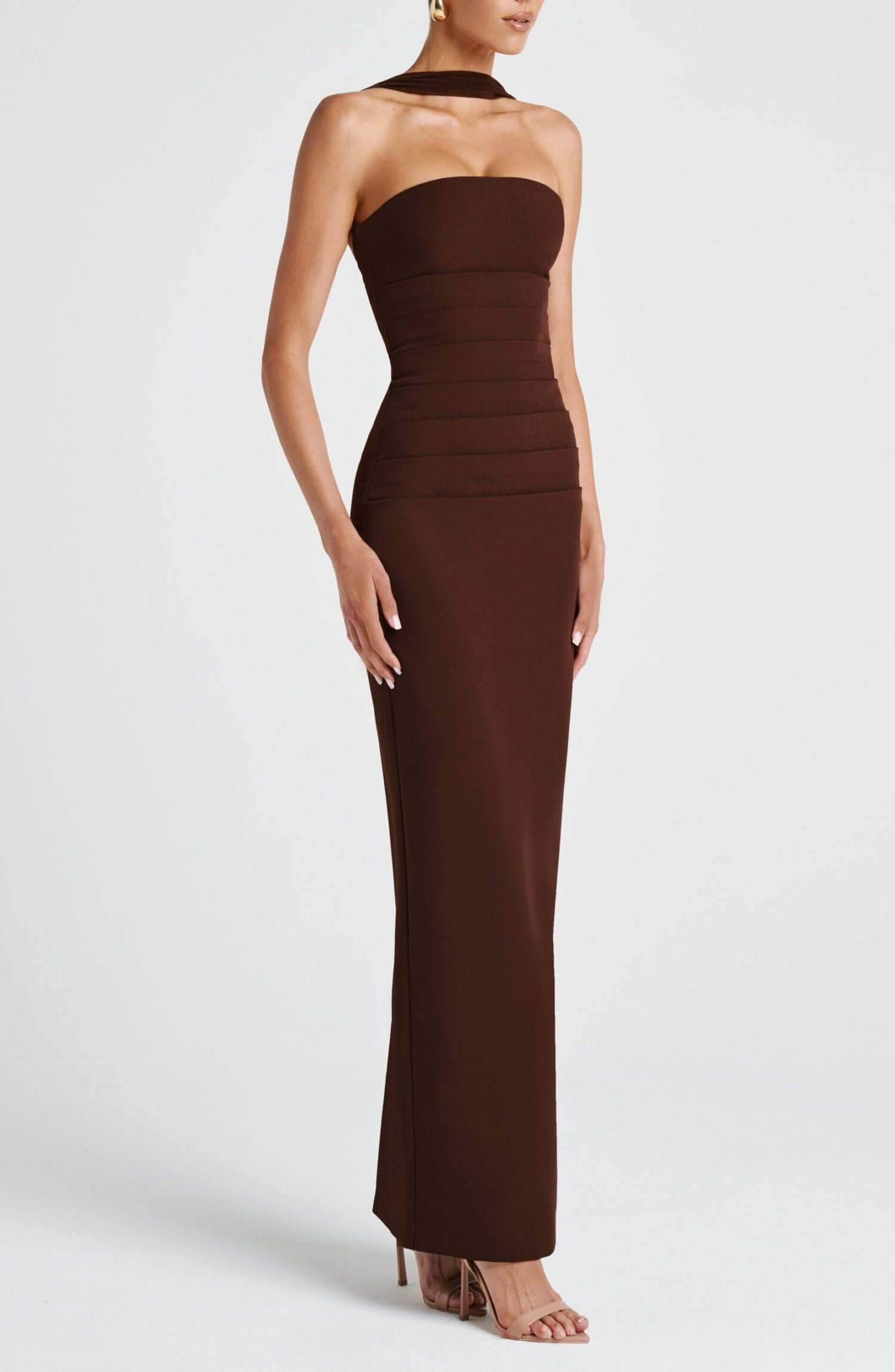 Plum Brown Strapless Maxi Dress with Mesh Scarf & Halter - Image 5