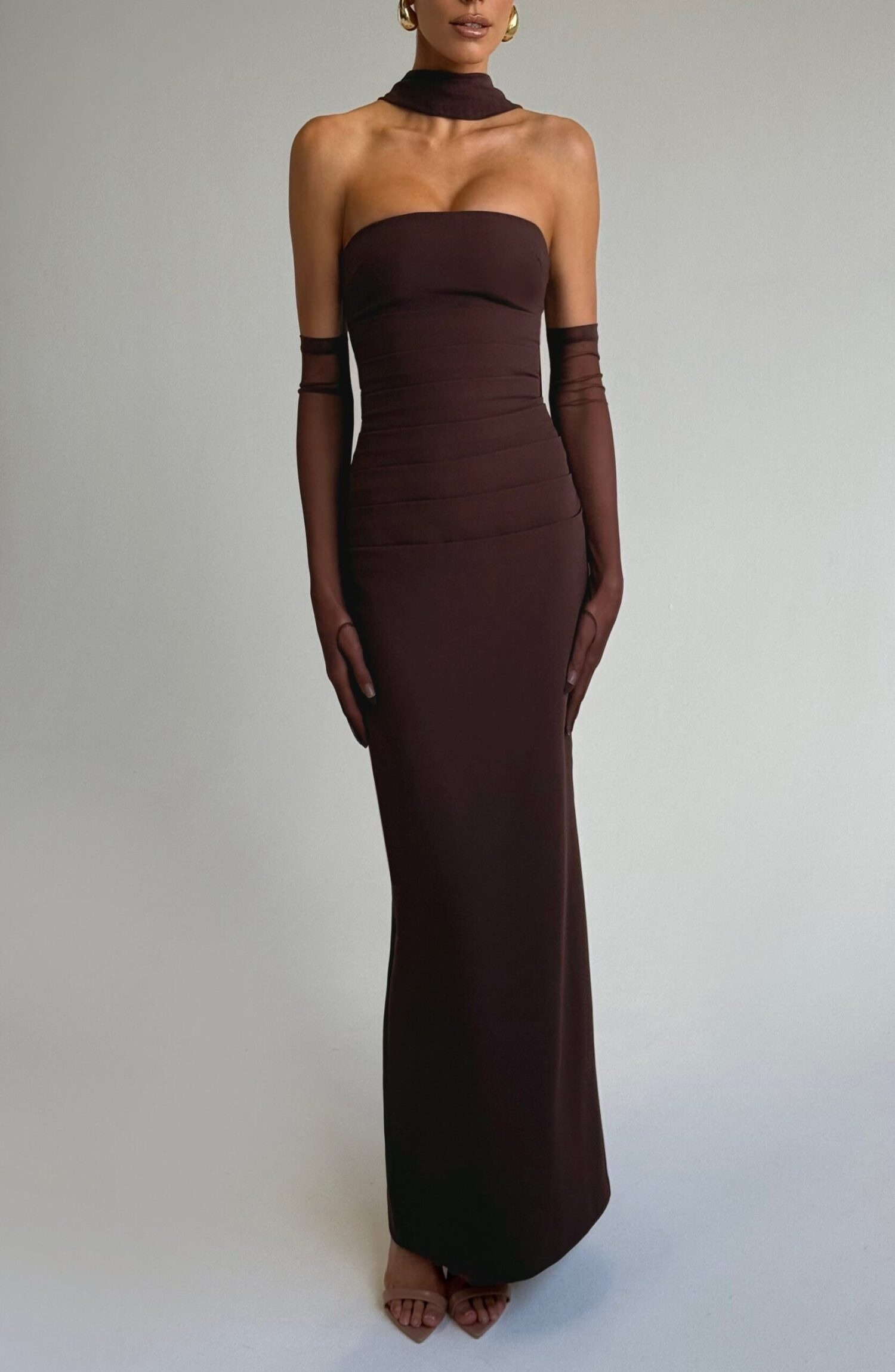 Plum Brown Strapless Maxi Dress with Mesh Scarf & Halter - Image 7