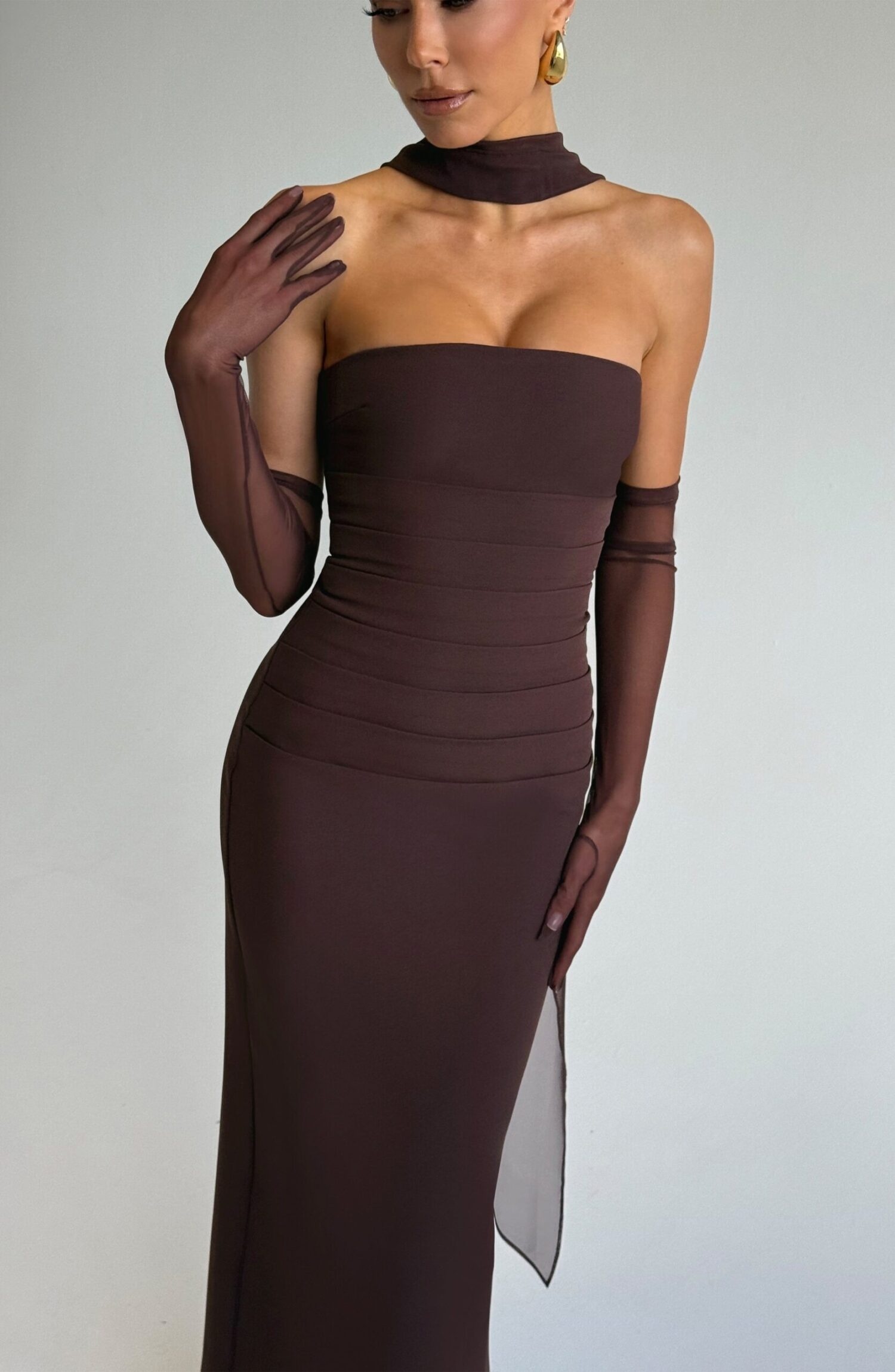 Plum Brown Strapless Maxi Dress with Mesh Scarf & Halter - Image 3