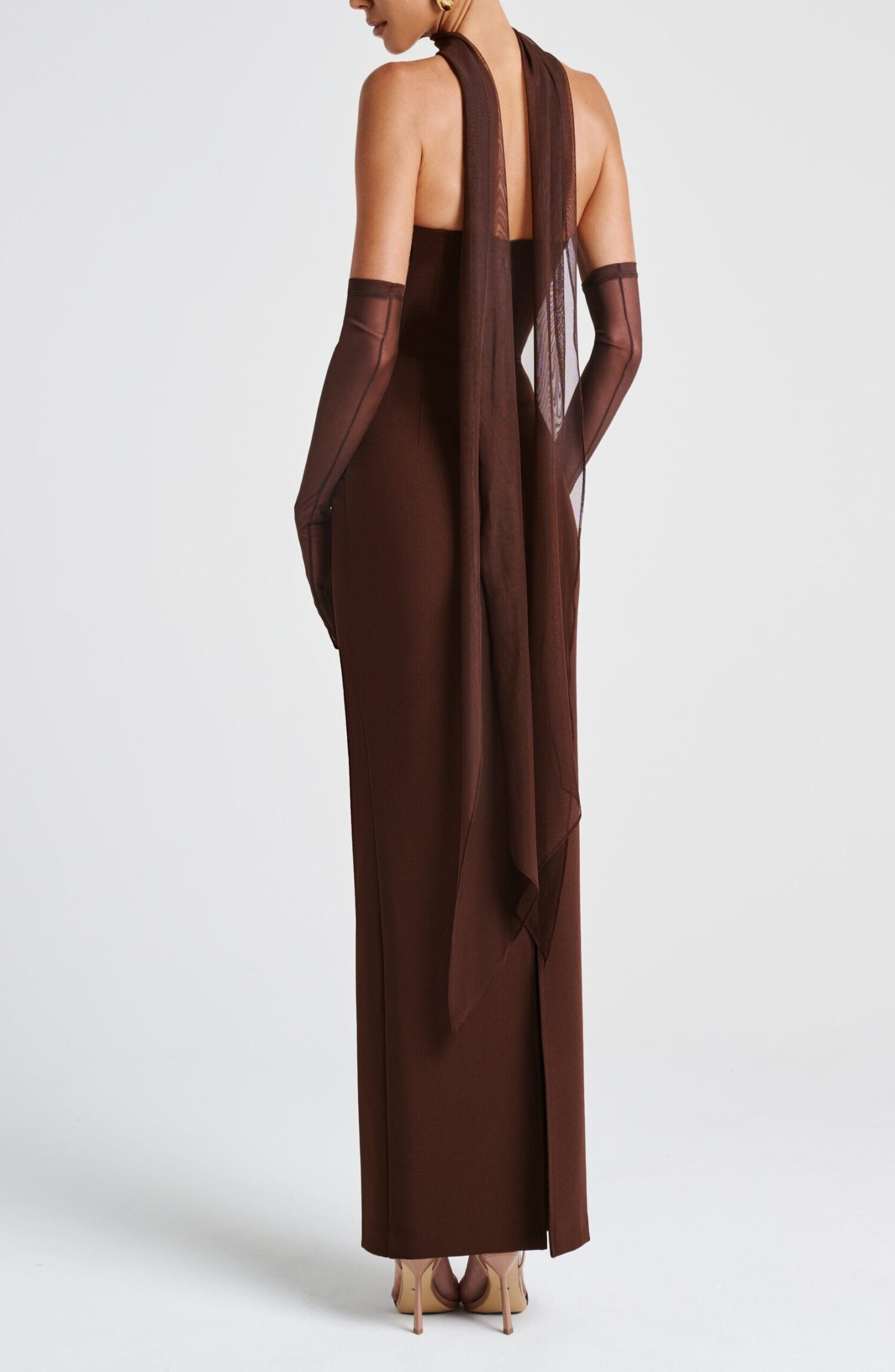 Plum Brown Strapless Maxi Dress with Mesh Scarf & Halter - Image 4
