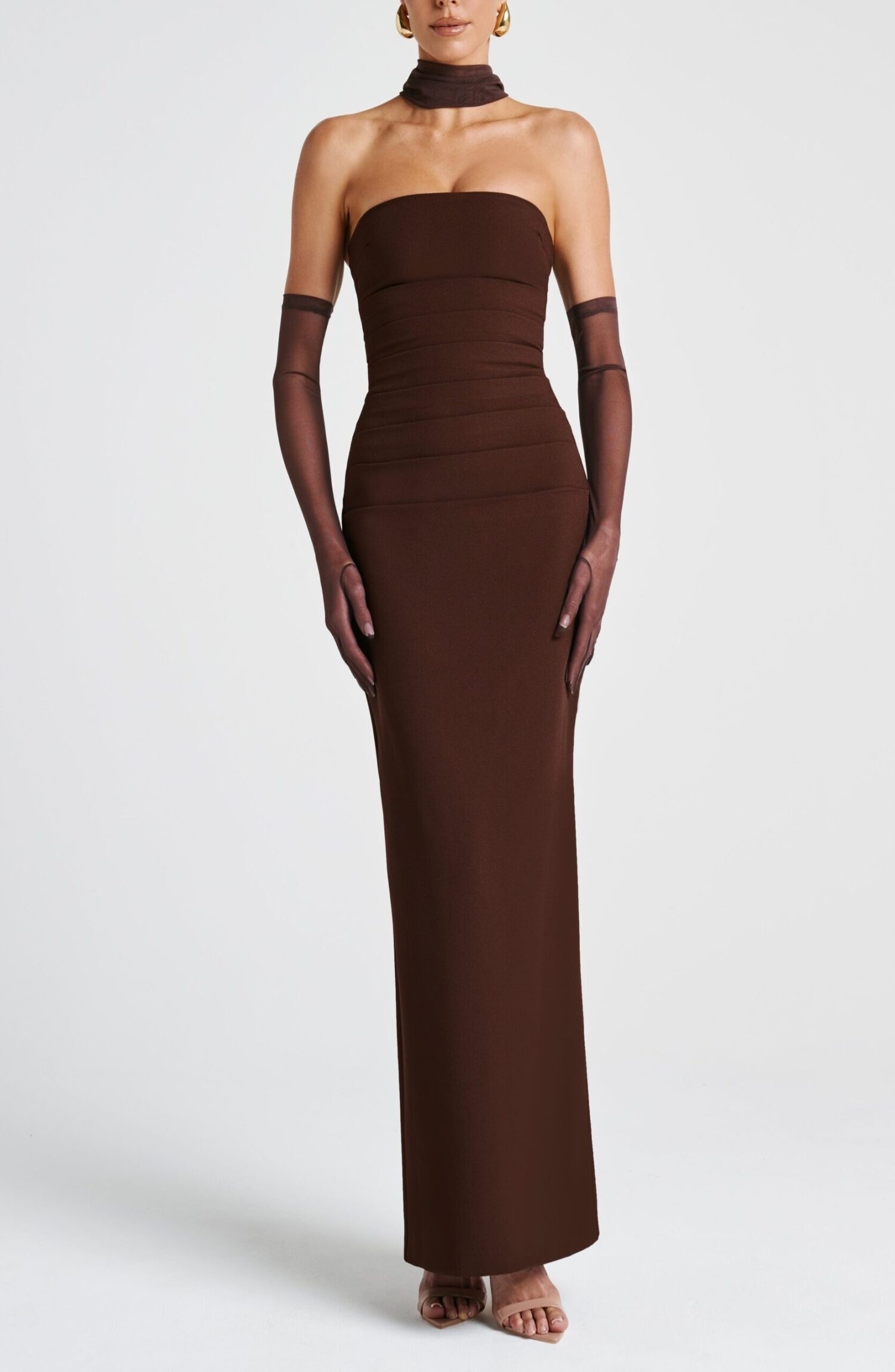 Plum Brown Strapless Maxi Dress with Mesh Scarf & Halter - Image 11