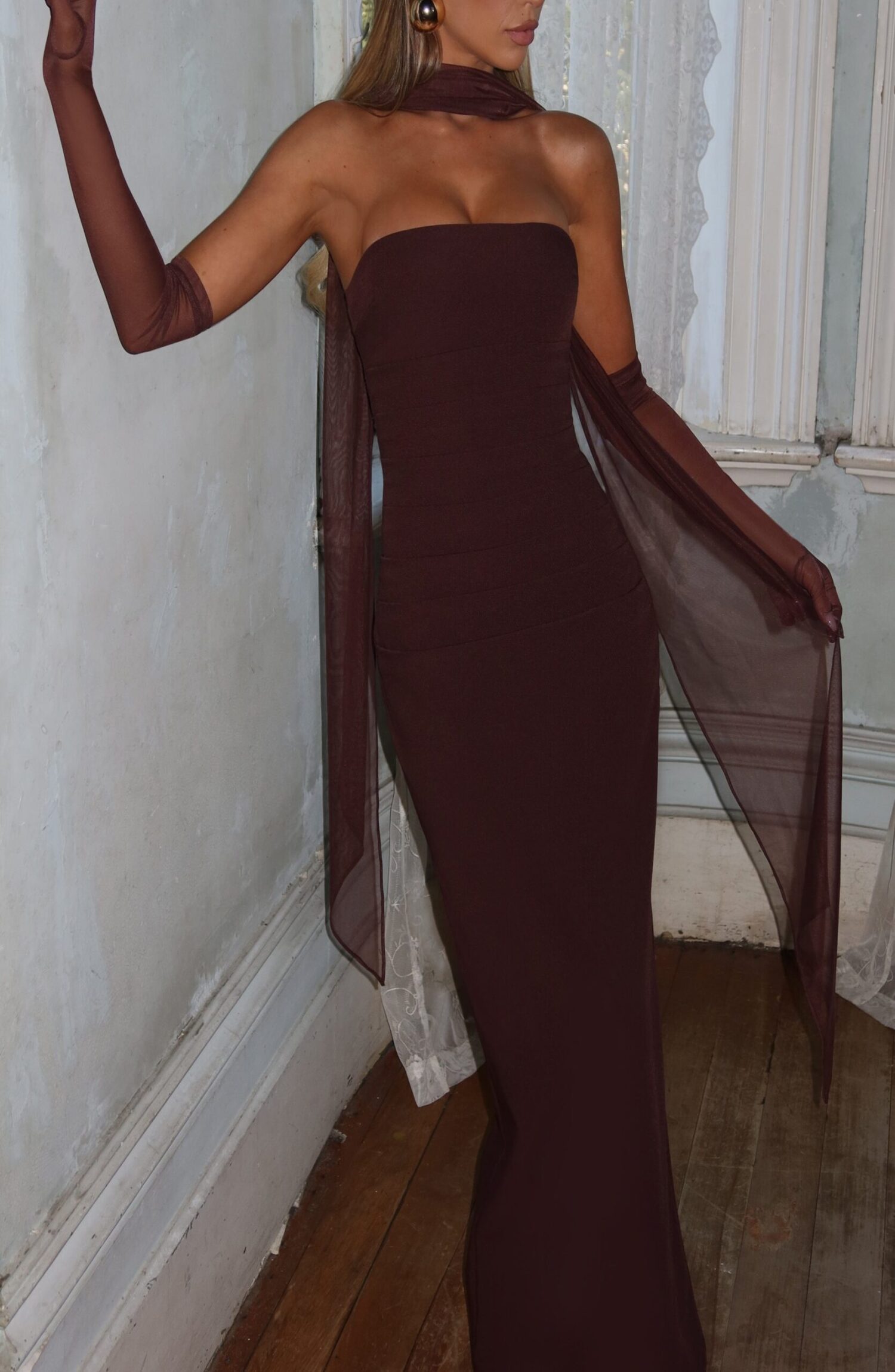 Plum Brown Strapless Maxi Dress with Mesh Scarf & Halter - Image 9