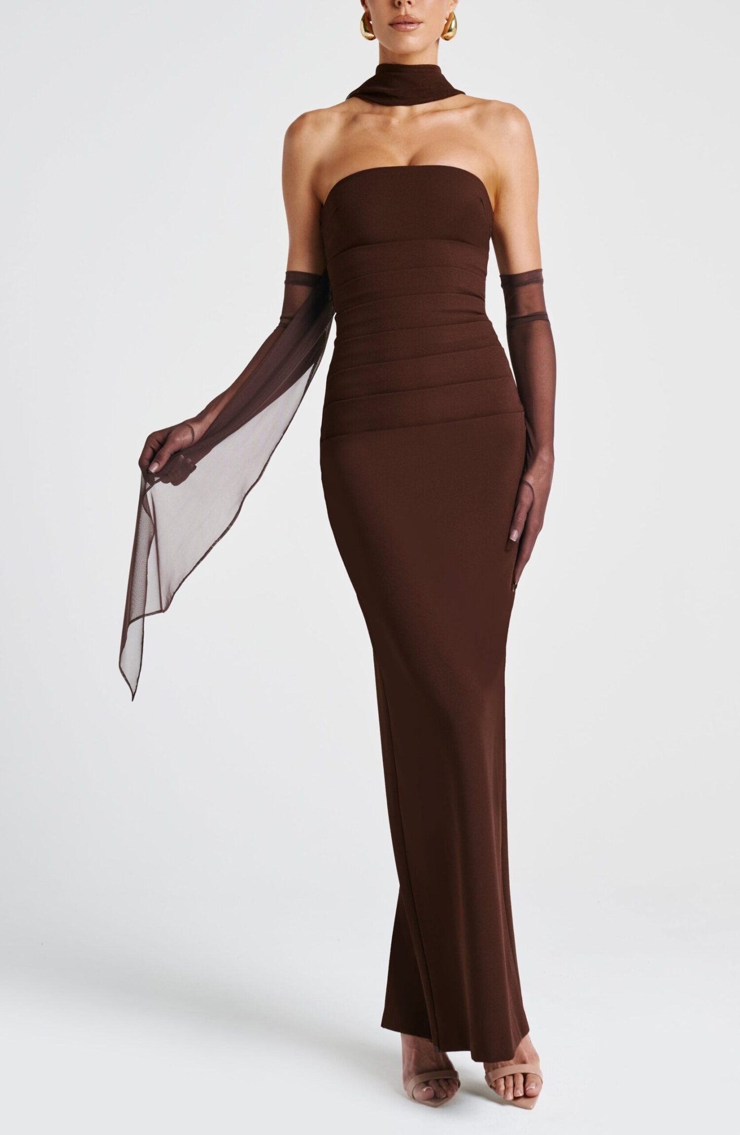 Plum Brown Strapless Maxi Dress with Mesh Scarf & Halter - Image 10