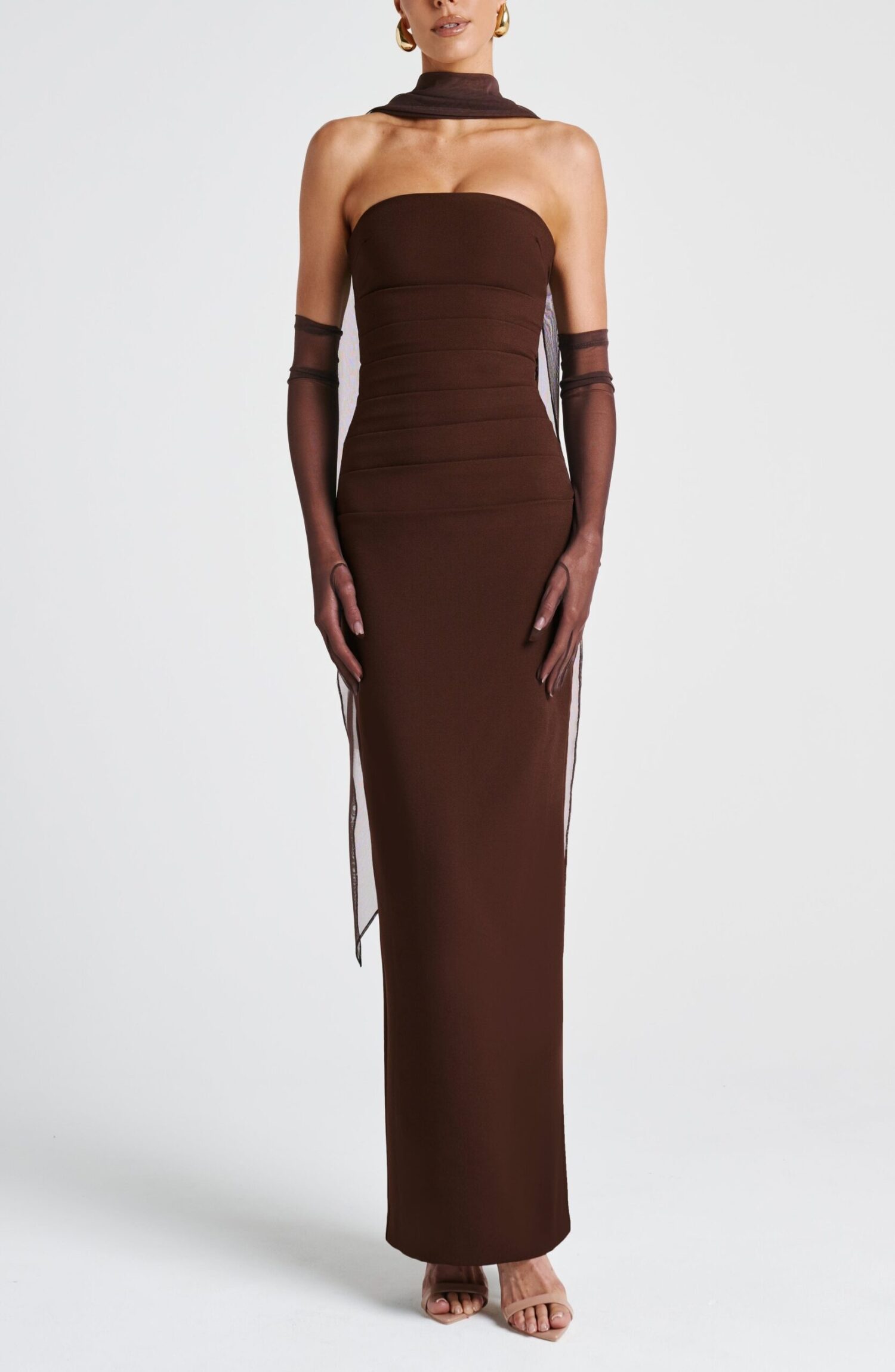 Plum Brown Strapless Maxi Dress with Mesh Scarf & Halter - Image 12