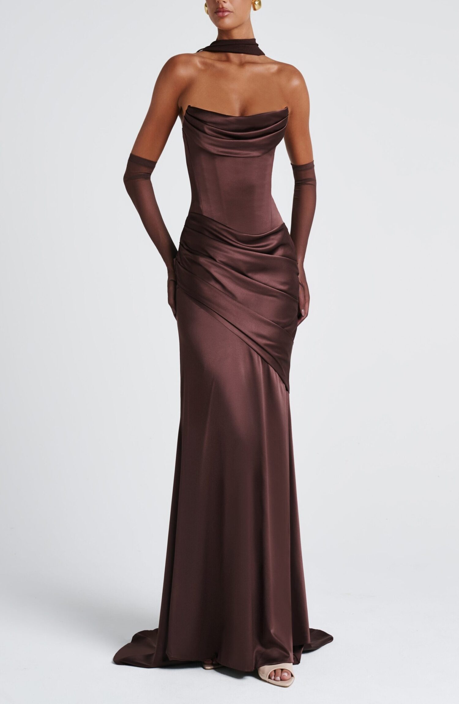 Plum Brown Strapless Maxi Dress with Train & Lace-Up Back - Image 10
