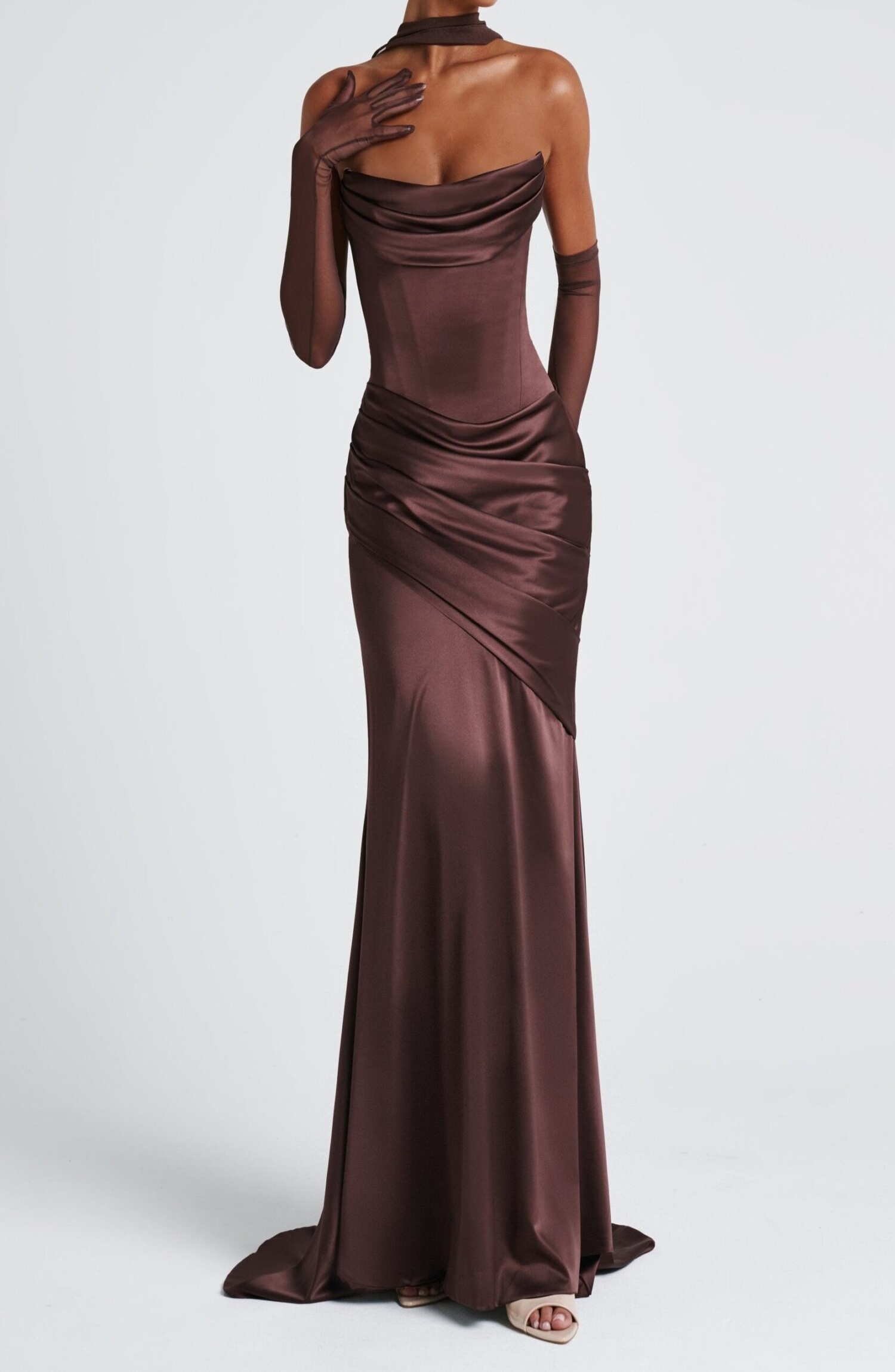 Plum Brown Strapless Maxi Dress with Train & Lace-Up Back - Image 3