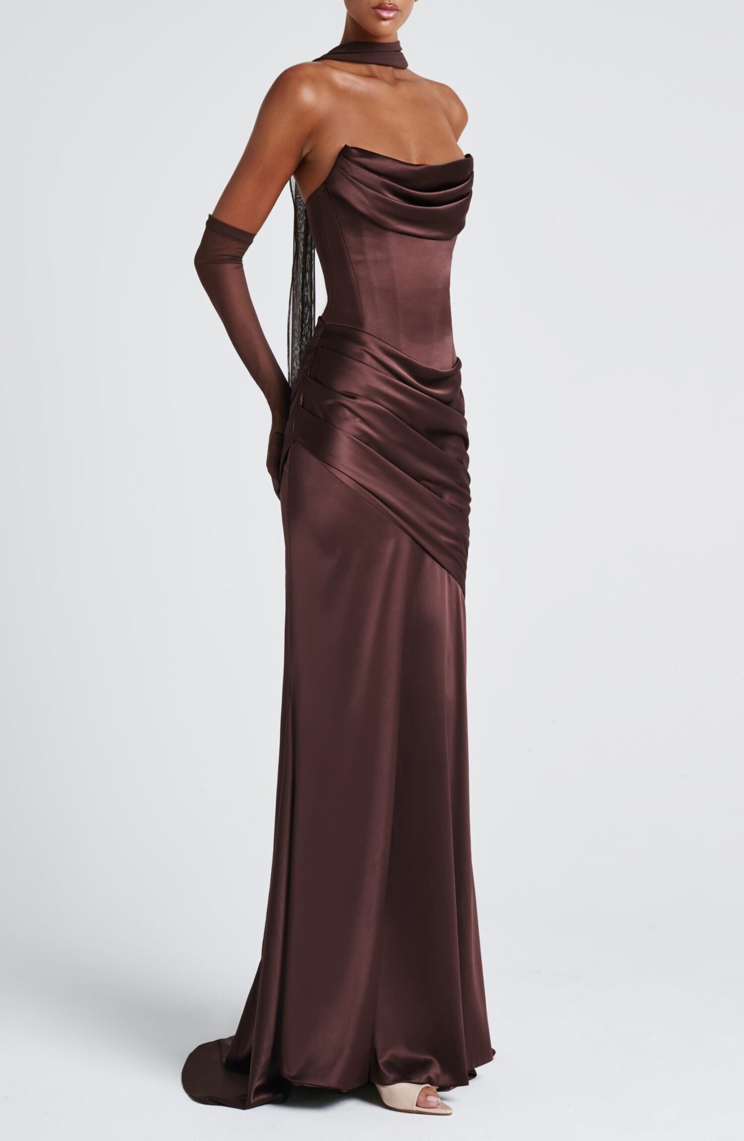 Plum Brown Strapless Maxi Dress with Train & Lace-Up Back - Image 6