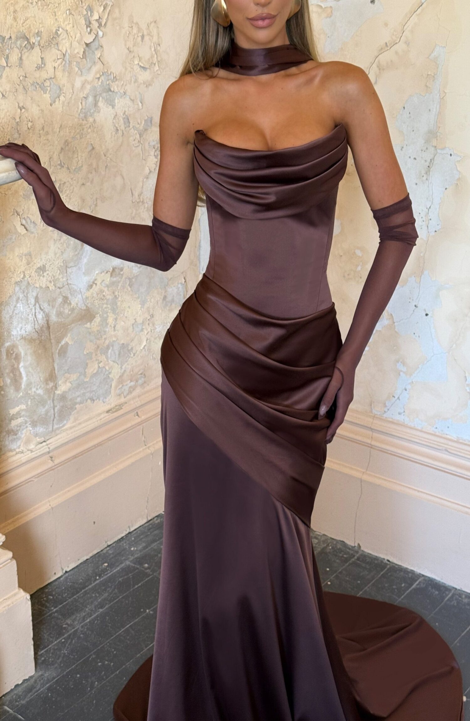 Plum Brown Strapless Maxi Dress with Train & Lace-Up Back - Image 8