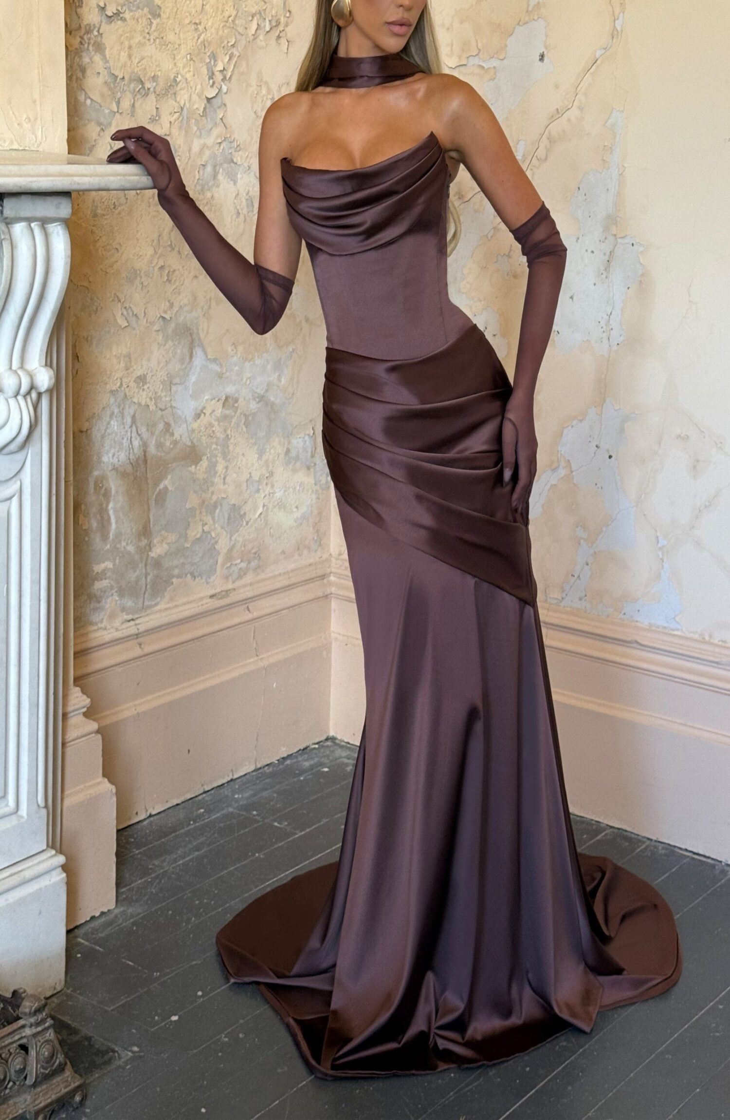 Plum Brown Strapless Maxi Dress with Train & Lace-Up Back