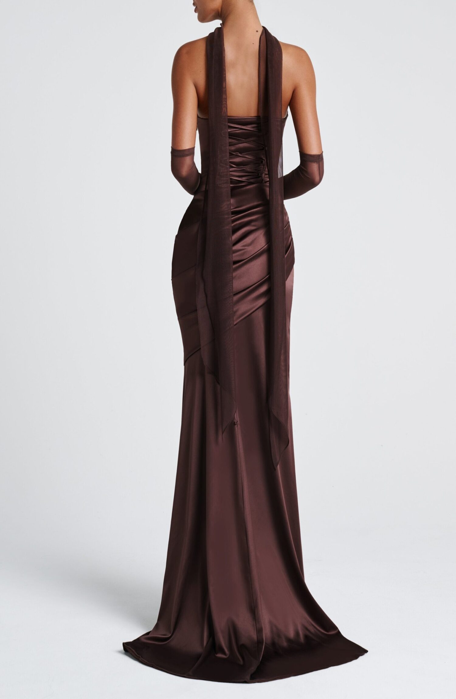 Plum Brown Strapless Maxi Dress with Train & Lace-Up Back - Image 4