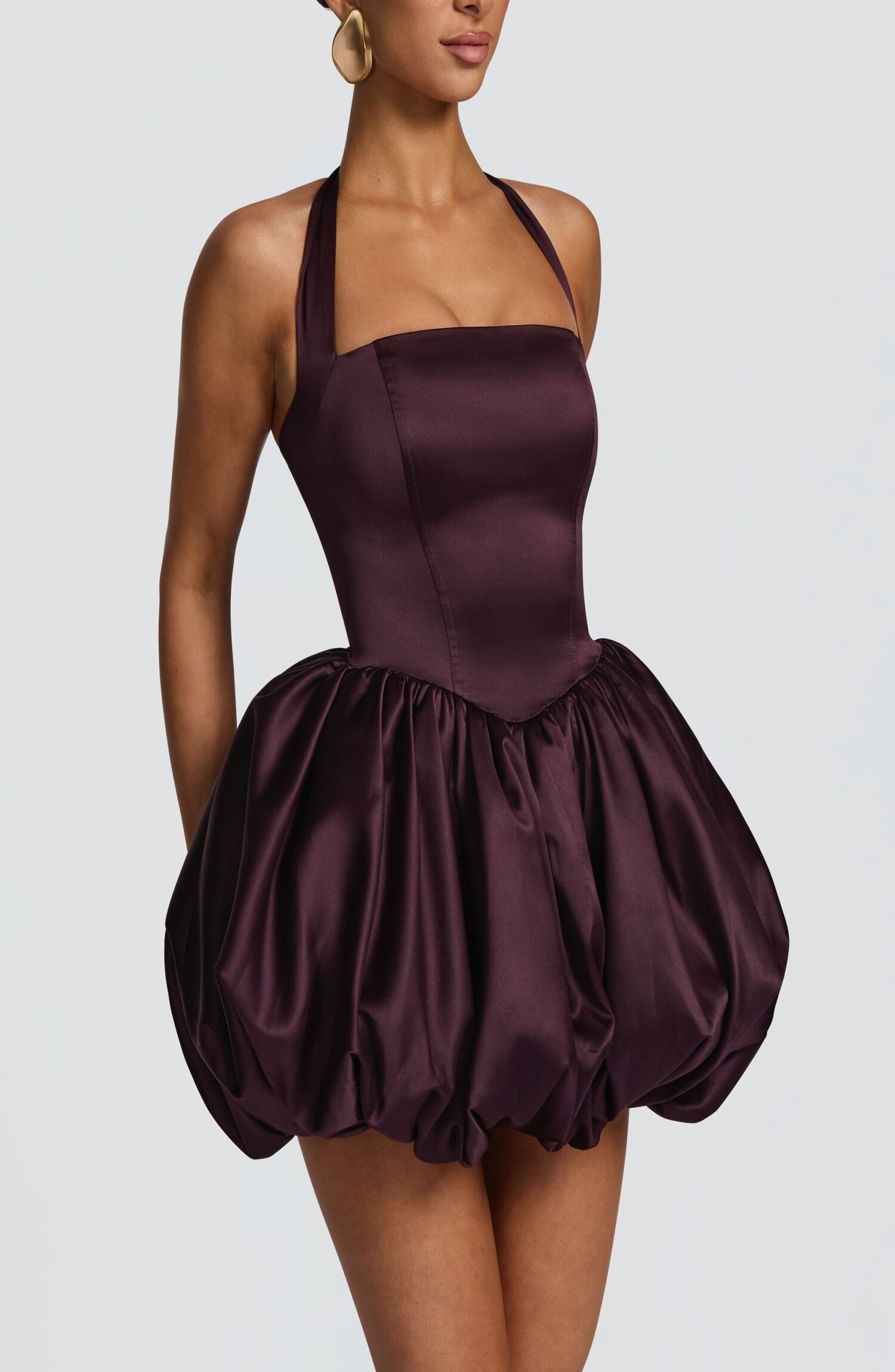 Prudence Plum Satin Halter Puffball Mini Dress - Image 3