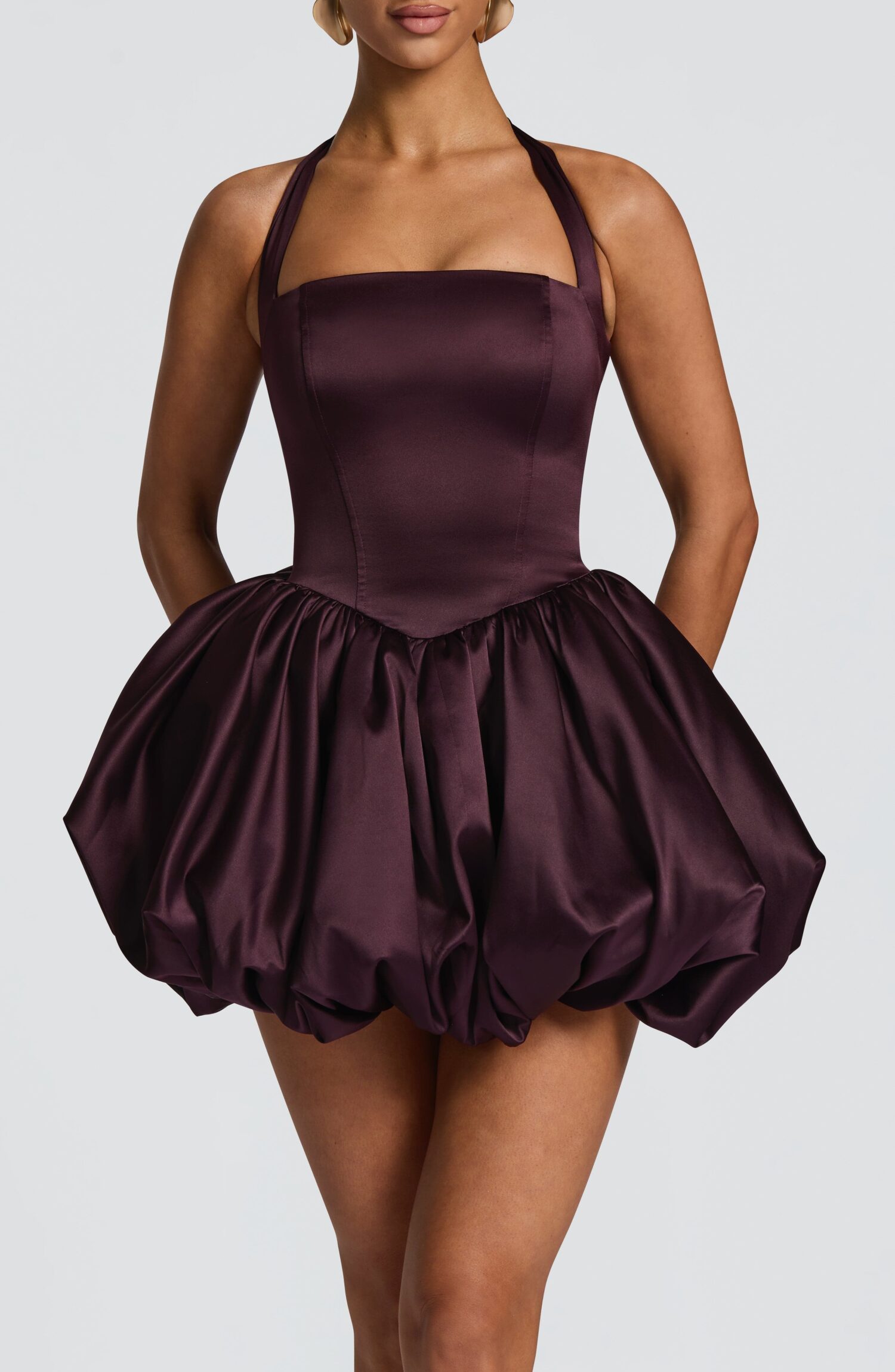 Prudence Plum Satin Halter Puffball Mini Dress - Image 5