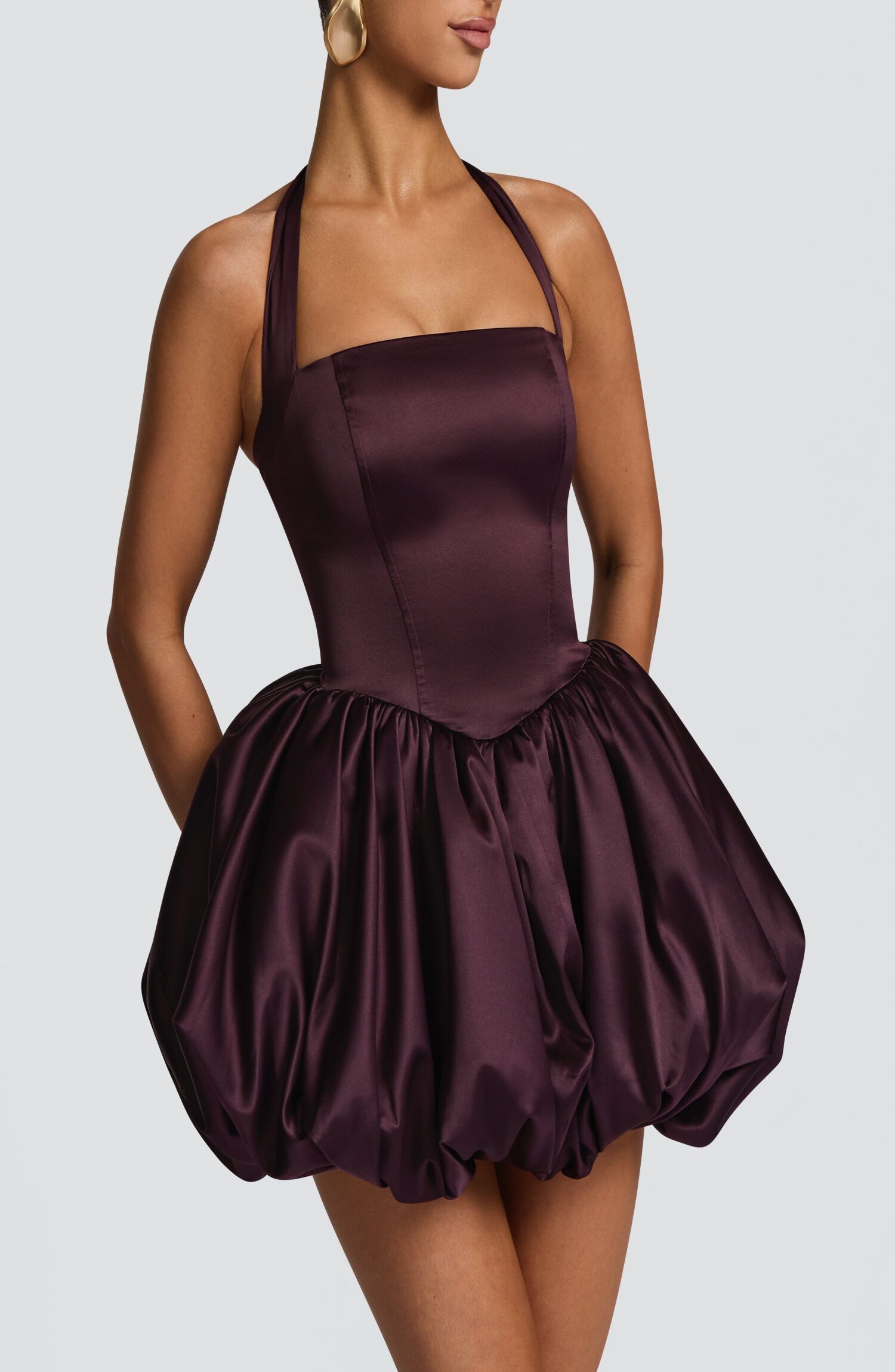 Prudence Plum Satin Halter Puffball Mini Dress - Image 8