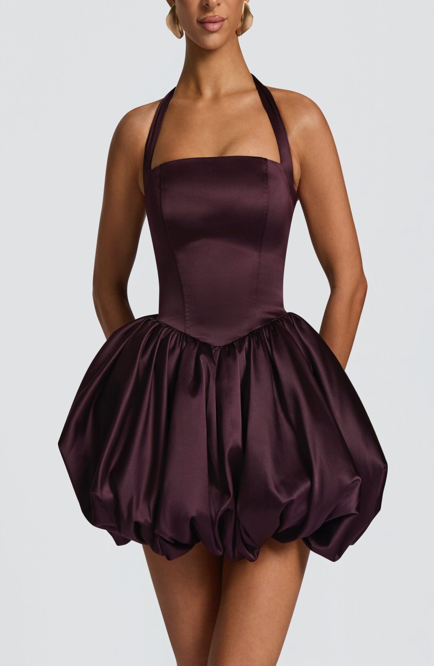 Prudence Plum Satin Halter Puffball Mini Dress
